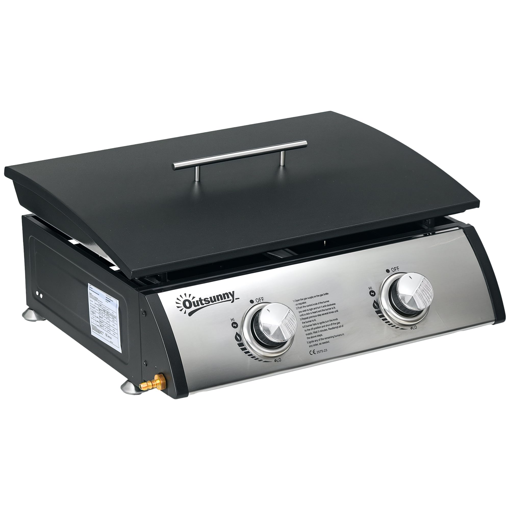Outsunny Gas Plancha Barbecue Grill with 2 Stainless Steel Burner, 5kW, Portable Tabletop Gas BBQ with Non-Stick Griddle for Camping Picnic Garden Party Festival