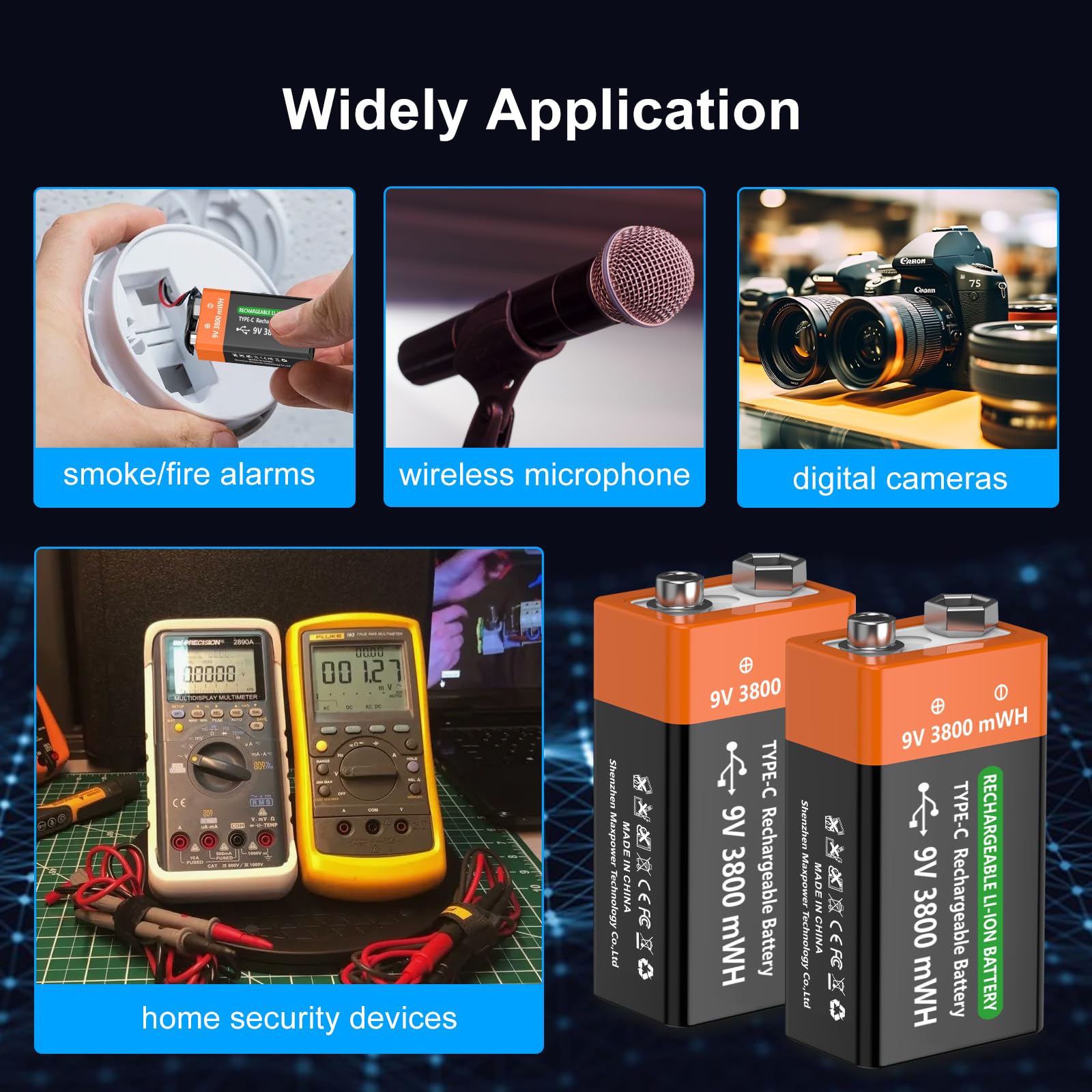 Lot de 6 batteries rechargeables 9 V 3800 mWh 9 V au lithium haute capacité pour détecteurs de fumée, microphones, systèmes d'alarme, jouets, lampes de poche, appareils médicaux, etc