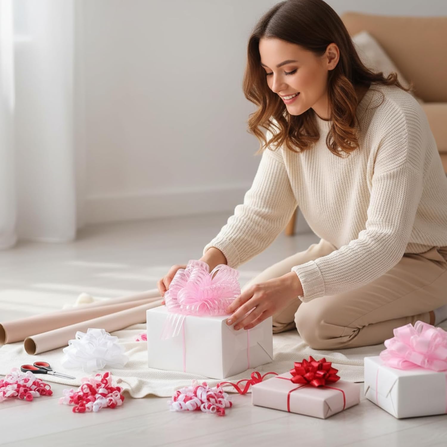 LOYIM 10 Pcs Pink and White Bows for Gift Wrapping Tree Assortment Pull Curly Gift Bows Self Adhesive Large Organza Ribbon for Birthday Wedding Bridal Shower Present Wrapping Bag Basket Decoration - Image 7