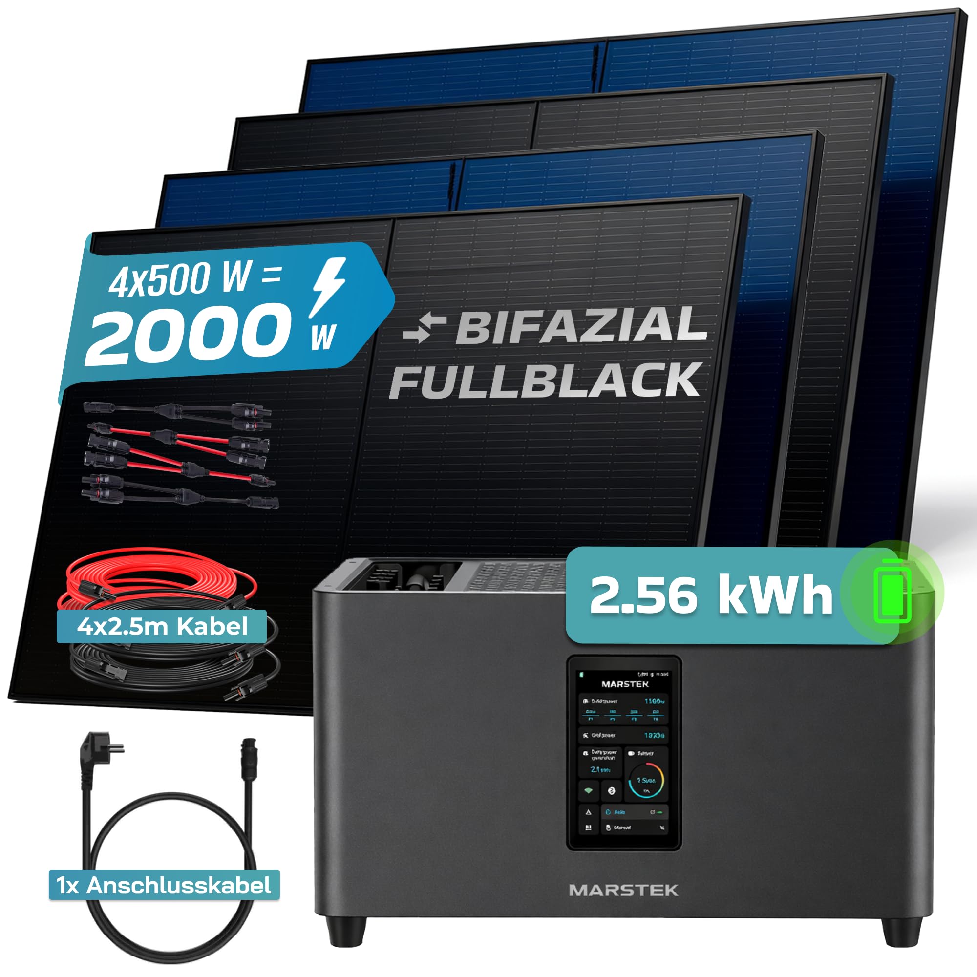 SUNNIVA® 2000W Balkonkraftwerk mit 2,56 kWh Speicher MARSTEK Jupiter C + Plus, BIFAZIAL FULLBLACK komplett Steckdose, PV Solaranlage Komplettset mit Solarspeicher, 4x 500W N-Type Glas Bifacial