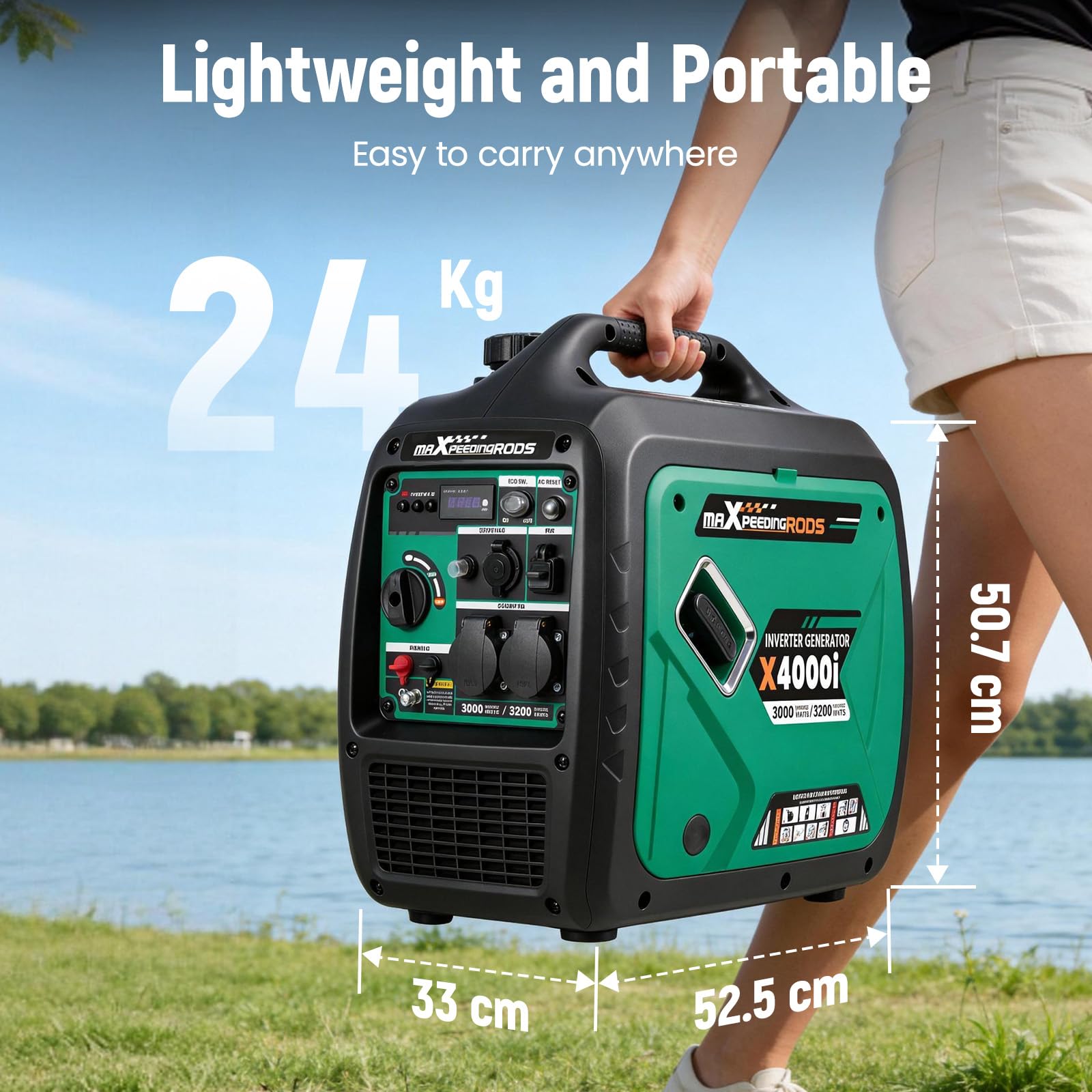 maXpeedingrods Générateur Inverter portable à essence 3200 W — Idéal pour le camping, les fêtes et les réunions en plein air — Équipé de 2 prises 230 V/16 A, 2 ports USB et 1 prise 12 V CC