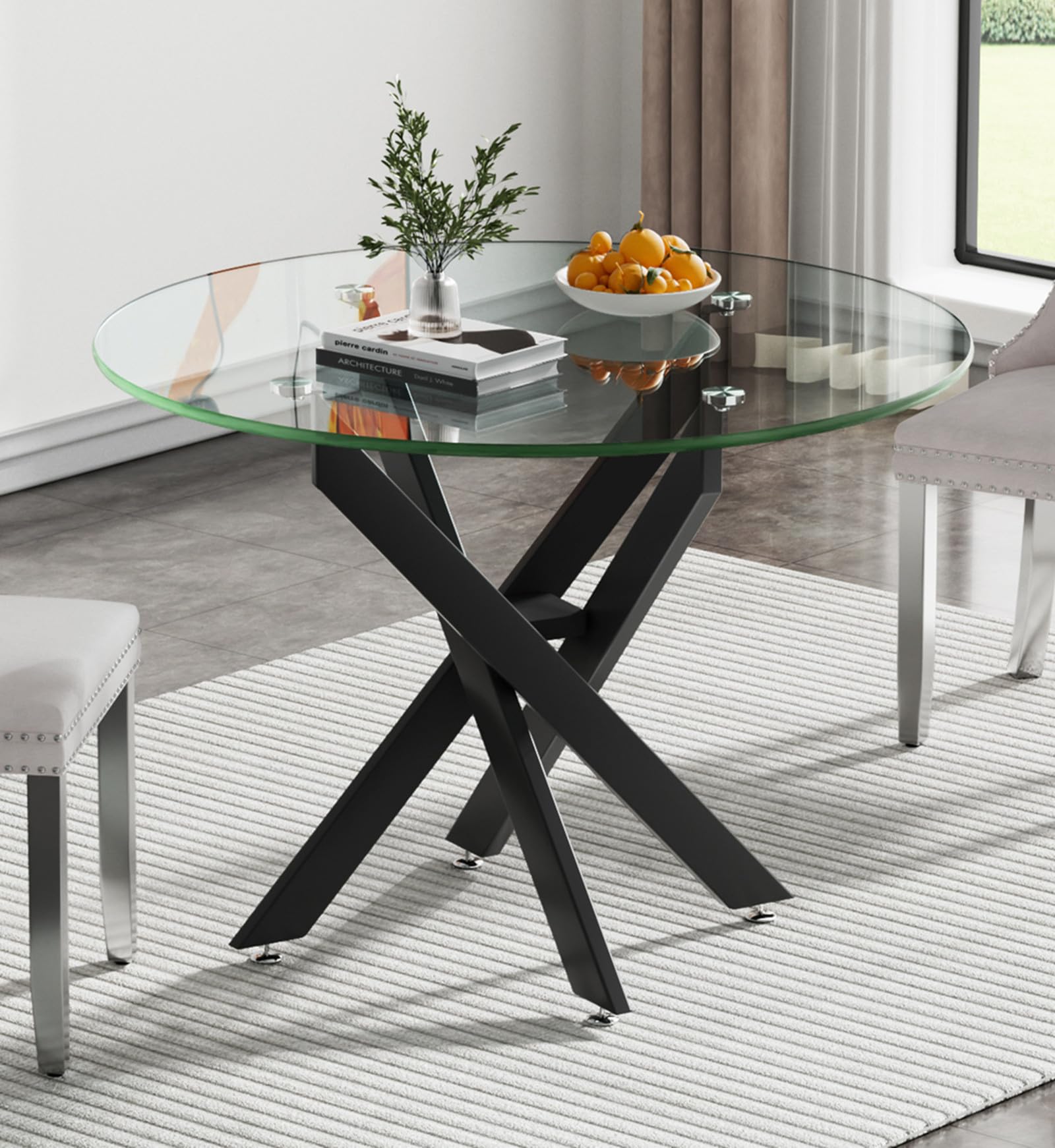 36" round dining table for 4, modern clear glass kitchen table for 4 with black x metal legs, contemporary small circle dining room leisure tables for kitchen apartment