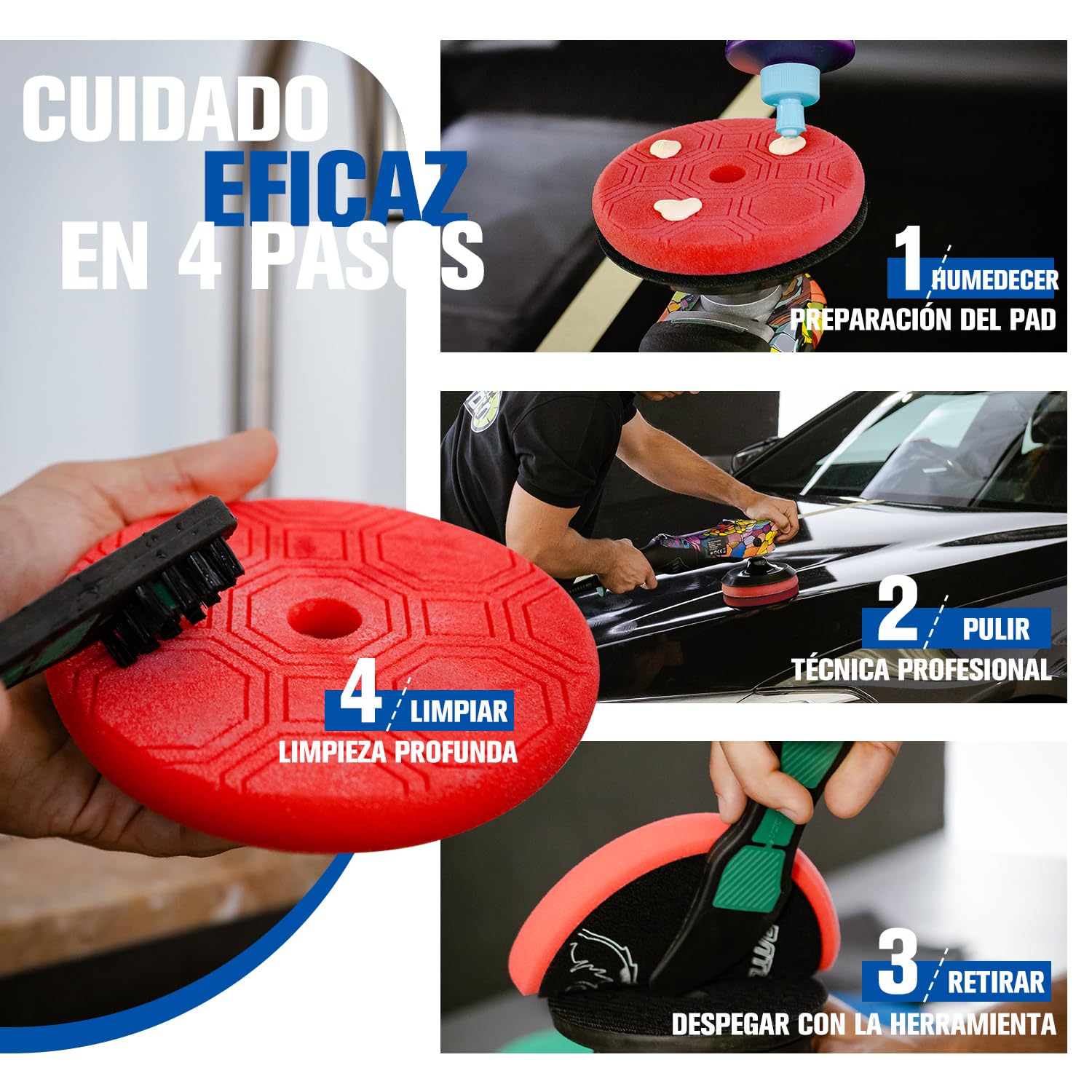 BATOCA P2 Set Pulidora 1000W Alto Par, Rotativa 150mm Heavy-Duty Corrección de Pintura Profunda, Clip para Cable & Herramienta Pad 3-en-1, Cable Extraíble 8m, 1000-3800 rpm, Barco, Caravana, Coche