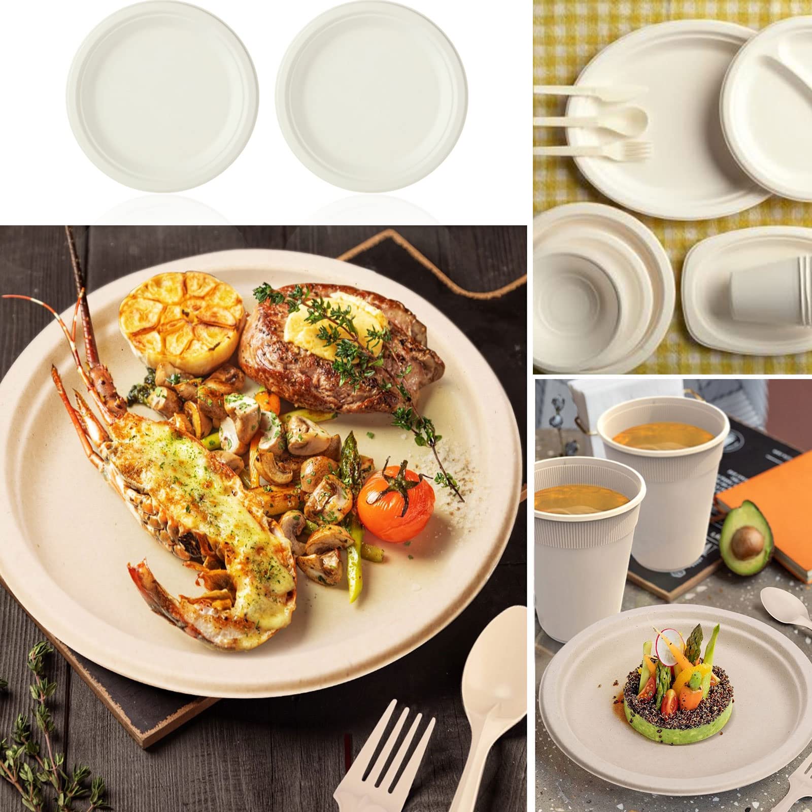 SENENQU Juego de vajilla desechable biodegradable, 250 piezas, kit de vajilla de bagazo compostable que incluye platos de papel de 7 y 9 pulgadas, tenedores, camping, picnic