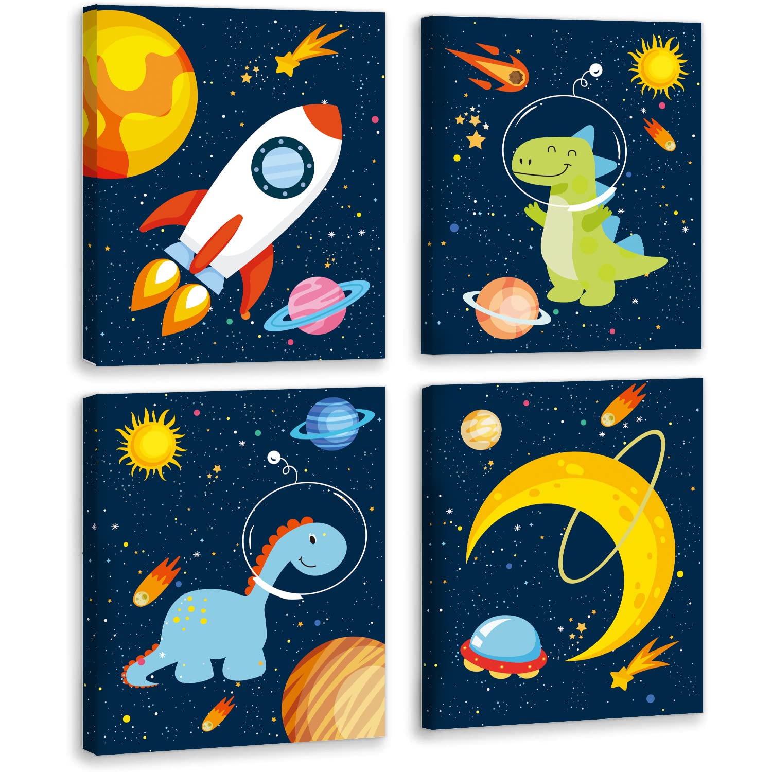 KAIRNE Póster de lienzo de pared de dinosaurios del espacio exterior, juego de 4 (12 x 16 pulgadas, enmarcado) planeta astronauta, decoración de cohete para habitación de niños, habitación de niños,