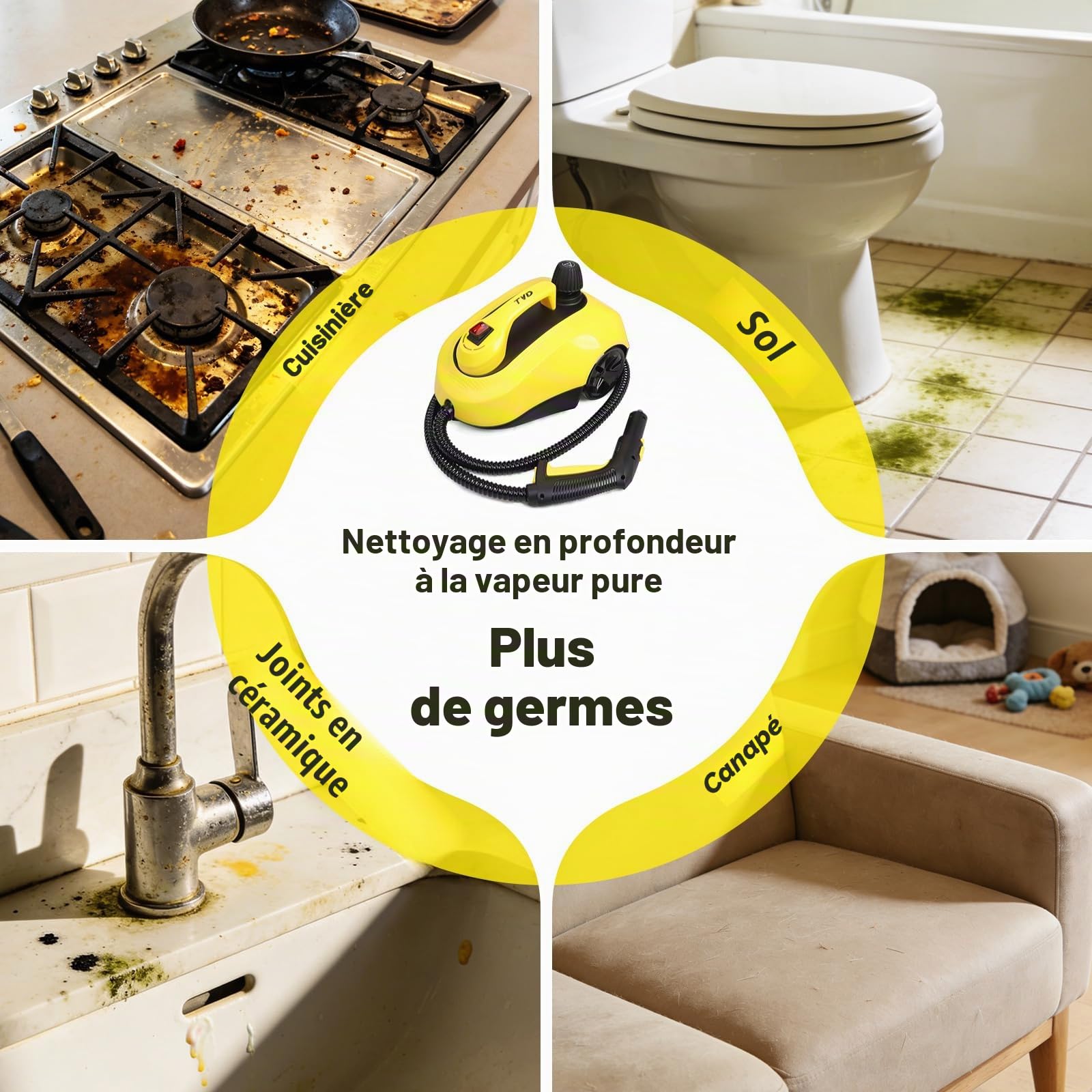 TVD Nettoyeur vapeur pour meubles rembourrés, nettoyeur vapeur avec câble d'alimentation extra long de 5 m pour nettoyeur de sol, four, voiture, carrelage, tapis, coussin, canapé, punaises de lit.