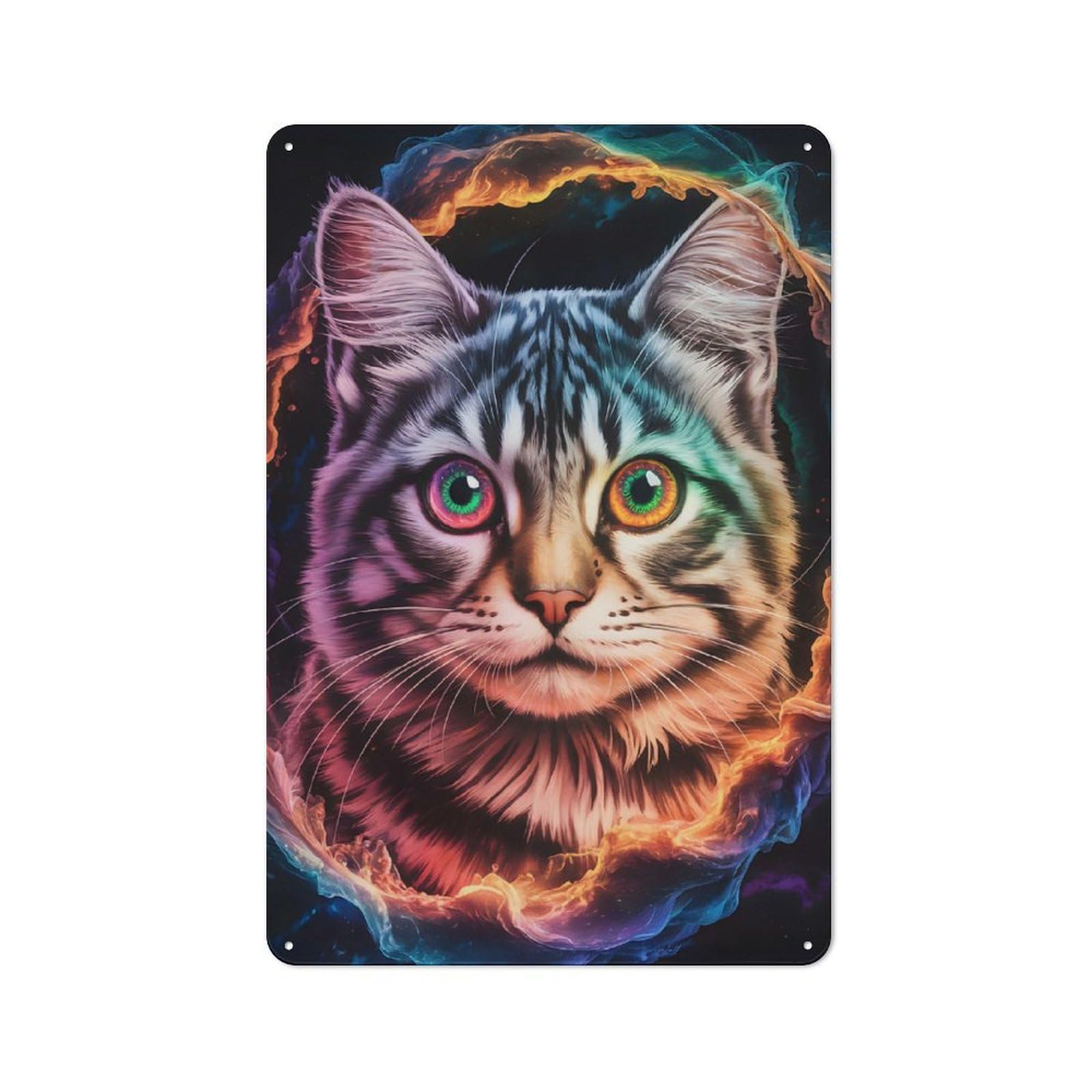 Classic Colorful Cat Portrait with Abstract Background Metal Wall Plaque 30x20cm, Nostalgic Wall Art for Living Room, Hallway, Kitchen Or Cafe
