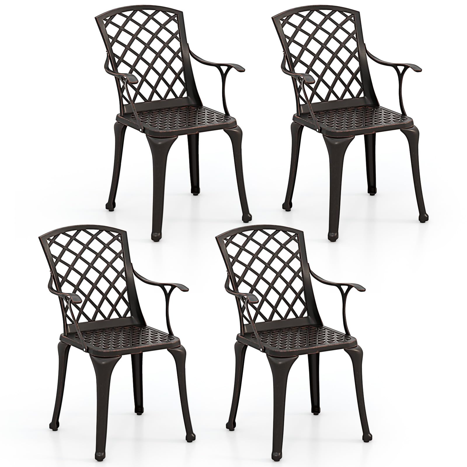 KOMFOTTEU Juego de 2 Sillas de Jardín de Aluminio Fundido, Silla Terreza Exterior con Reposabrazos y Respaldo, Silla de Bistró con Carga 110 kg, Silla de Comedor para Balcón, Patio (Bronce)