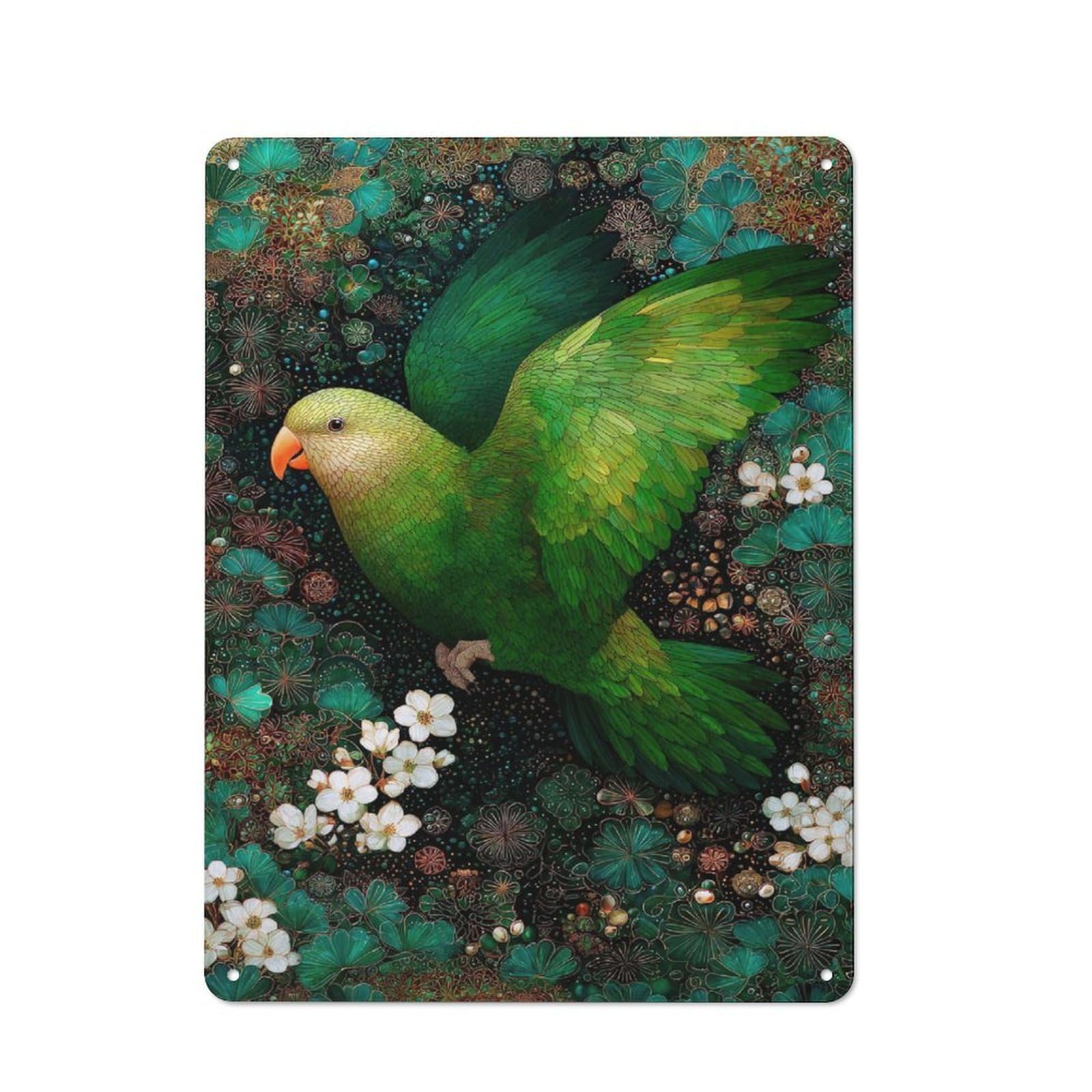 Junmoney Style-16 Green Parrot In Floral Paradise Cottage Style Metal Wall Decor 40X30cm, Tin Wall Plaque For Kitchen, Cottage, Porch Or Garden Room
