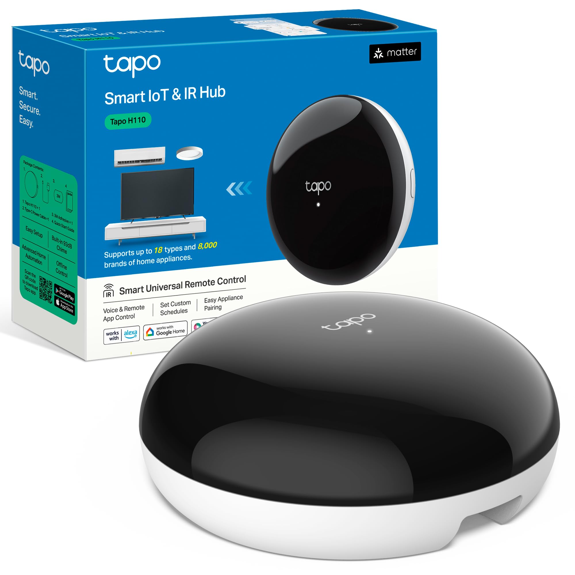 Tapo H110 Infrared Remote Control – Compatible with 18 Types of Devices, Over 8000 Brands, Hub for Sensors Cap, Voice Control with Alexa/Siri, Compatible with Matter, Timer, IR Hub