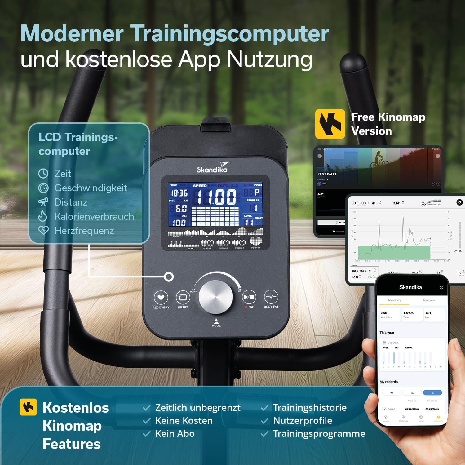 Skandika Ergometr Cykling P10 | rower treningowy z 32 poziomami oporu, hamulec magnetyczny, do 135 kg i 200 cm, wyświetlacz LCD, 13 programów, Bluetooth, połączenie z aplikacją, mapa kinowa | rower