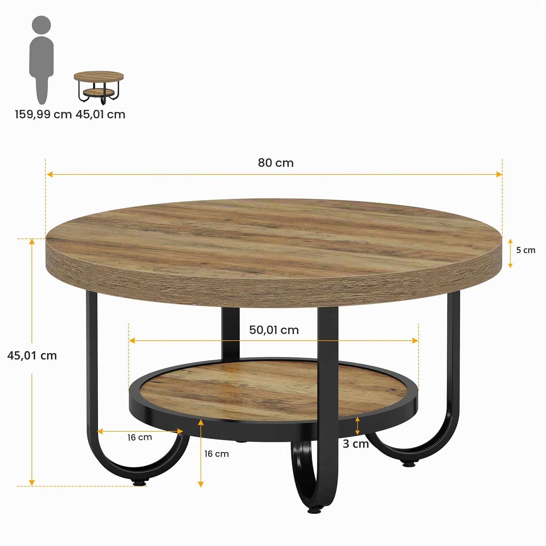Tribesigns Mesa Auxiliar Redonda para Sala de Estar, Mesa Central de 2 Niveles con Estante de Almacenamiento, té Industrial de cóctel de 80 cm con Patas de Metal curvadas Resistentes (Marrón)