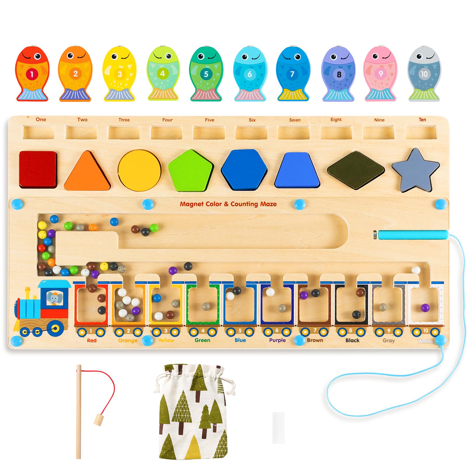 3-in-1 Giocattoli Montessori Multifunzionali per Bambini di 3 4 5 Anni, Labirinto Magnetico di Colori Numeri & Gioco di Pesca, Tavola di Attività in Legno per Ragazzi Ragazze, Regalo Compleanno Natale