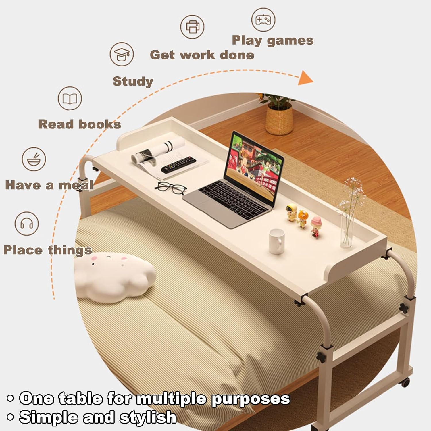 Height Adjustable Overbed Table with Wheels for Laptop Mobility Rolling Medical Table with Food Tray Desk Standing Workstation Computer Desk Height and Width Adjustable