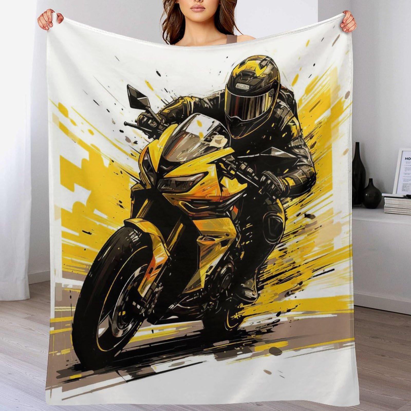 Couverture moelleuse avec motif de moto plaid flannel chaud lit 180x200cm