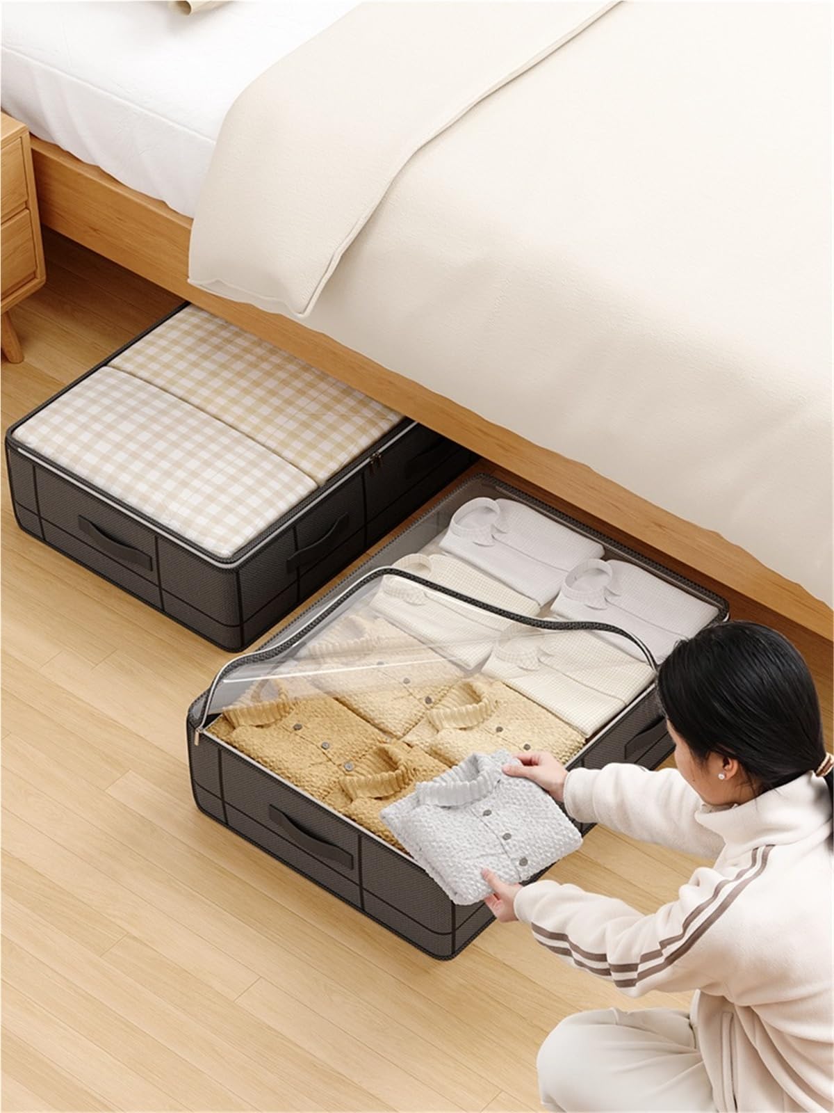 Organizador de sábanas Bolsa de almacenamiento debajo la cama alta resistencia, caja plegable con ventana transparente grande, adecuada for armarios, ropa for dormitorio(M 60x44x20 cm,2pcs)