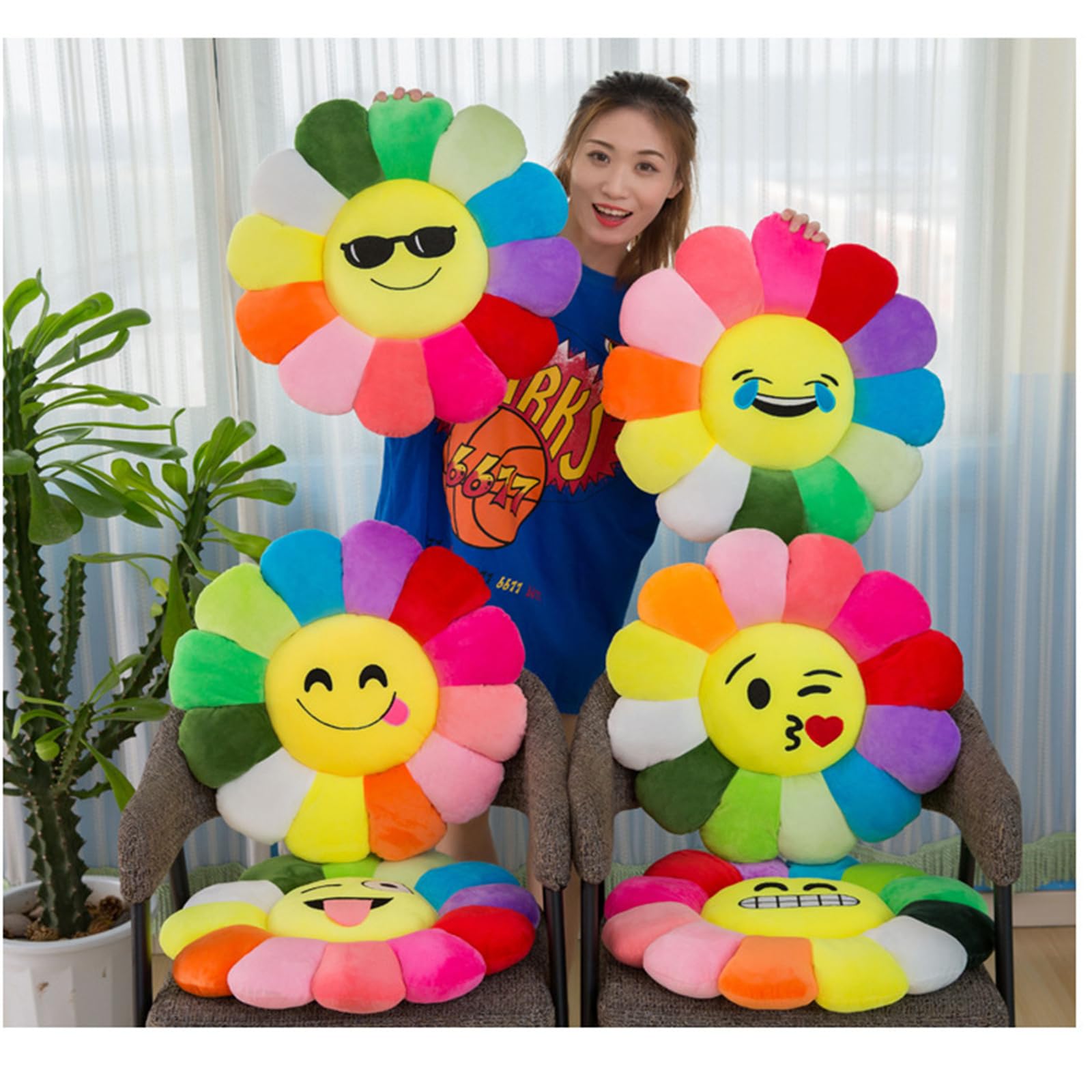 champracer Sonnenblumen-Bodenkissen für Kinder, Weiches Plüschkissen, Sofakissen, weiches Sitzkissen, für Kinder, zum Lesen, Fernsehen, Schlafzimmer, Dekoration (blinzeln und Spucken, 40 cm)