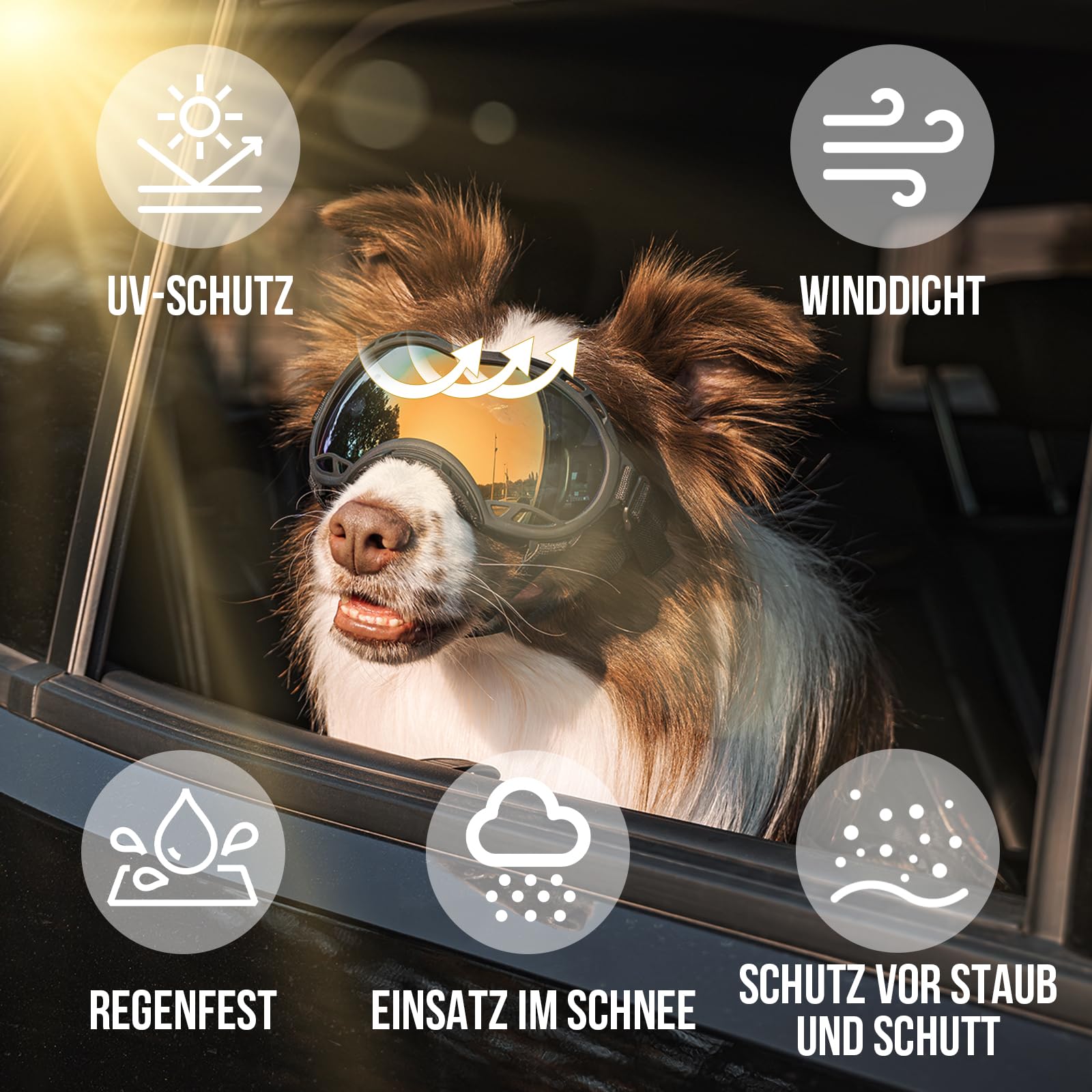 OneTigris Okulary przeciwsłoneczne dla psów, ochrona UV400, wiatroszczelne i pyłoszczelne, trwałe i wygodne, regulowane, w stylu taktycznym