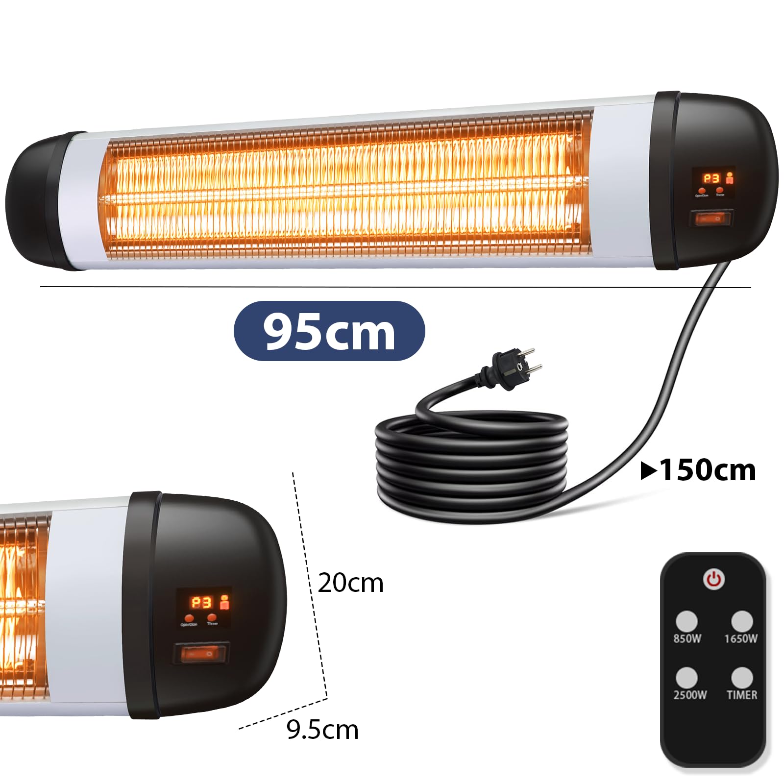 Stufa a infrarossi per terrazze, 2500 W, faretto a infrarossi per esterni, con telecomando, a parete, 3 livelli di riscaldamento, per terrazze, esterni, per bagno, balcone, giardino