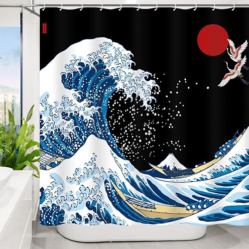 Miniatura 5 de Cortina de ducha grande ondulada con 12 ganchos para cortina de ducha, cortina de ducha negra y azul, cortina de ducha moderna de 72 x 72 pulgadas