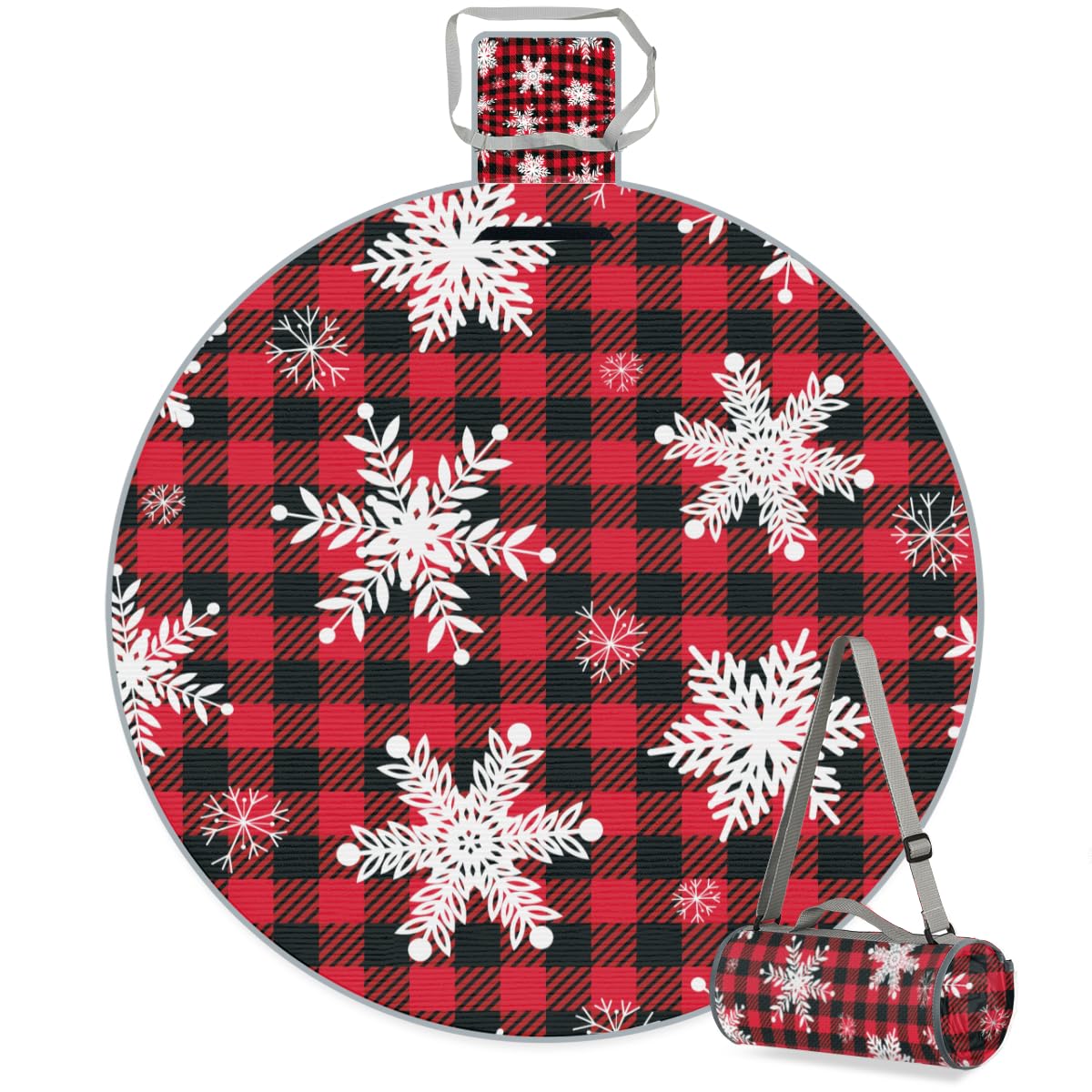 Shimoshe Red and Black Buffalo Plaid Snowflakes Picnic Outdoor Blanket Foldable Waterproof Sandproof Beach Blanket Portable Water-Resistant Round Picnic Mat for Travel Camping Park Lawn