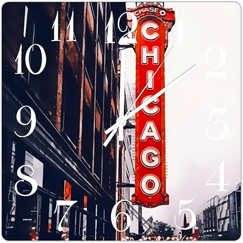 Reloj de pared cuadrado de madera con vista de la ciudad de Chicago, reloj de pared digital silencioso reloj de pared de madera envejecida adecuado