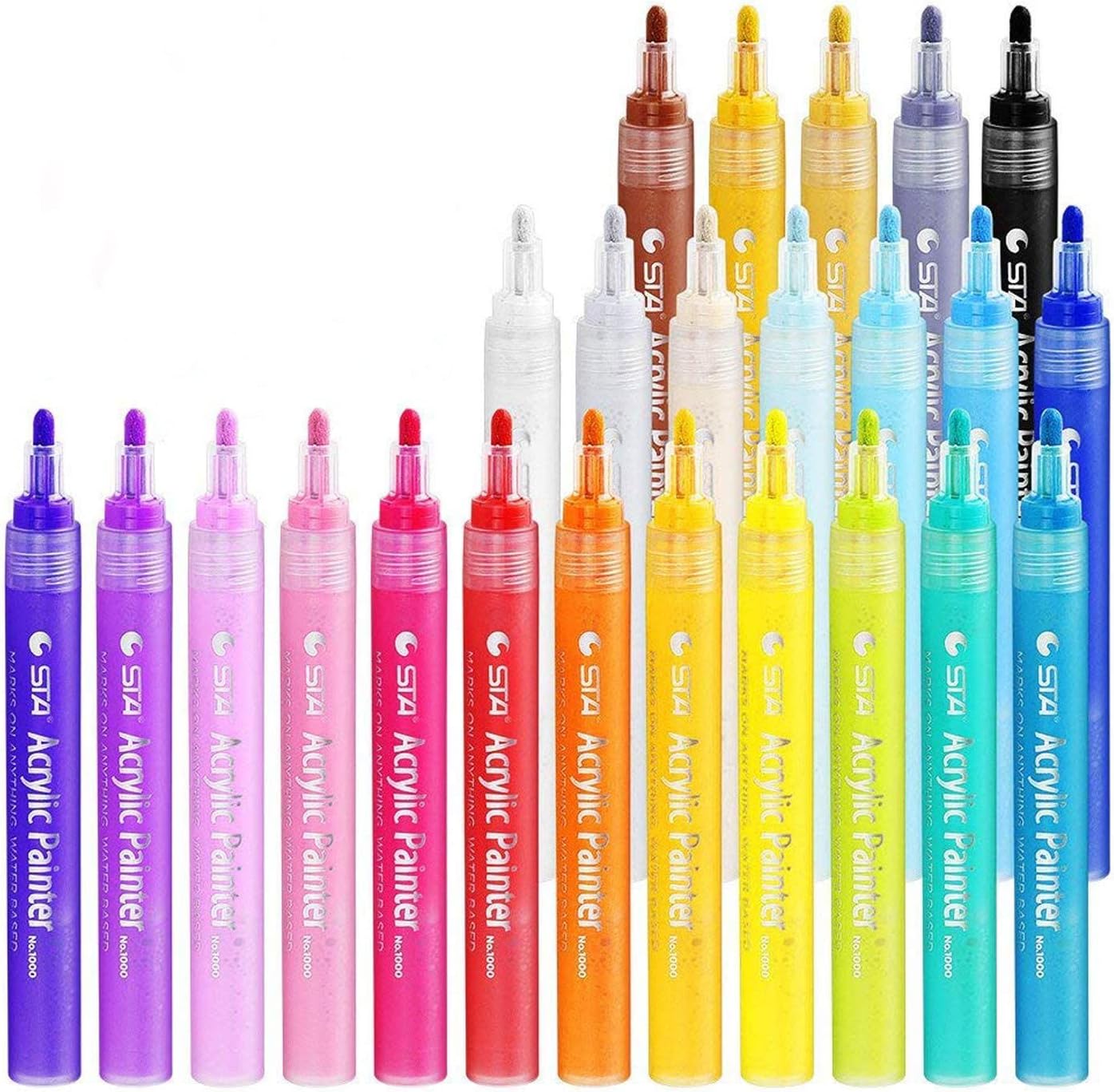 STA Acrylic Paint Marker Pens 24 Colors Medium Point Tip Art Markers for DIY Glass, Ceramic, Rock, Wood, Canvas, Metal, Fabric, Highly Pigmented Acrylic Pens - Multicolor