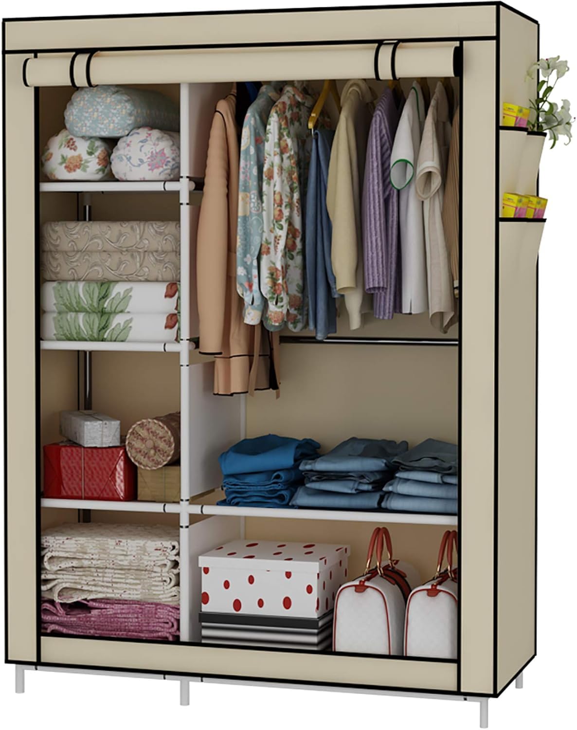 Armadio Portatile in Tessuto, Cabina Guardaroba con 2 Ripiani e 3 Cassetti, Beige, per Soggiorno, Camera da Letto, Sala da Pranzo, Cucina, Bagno