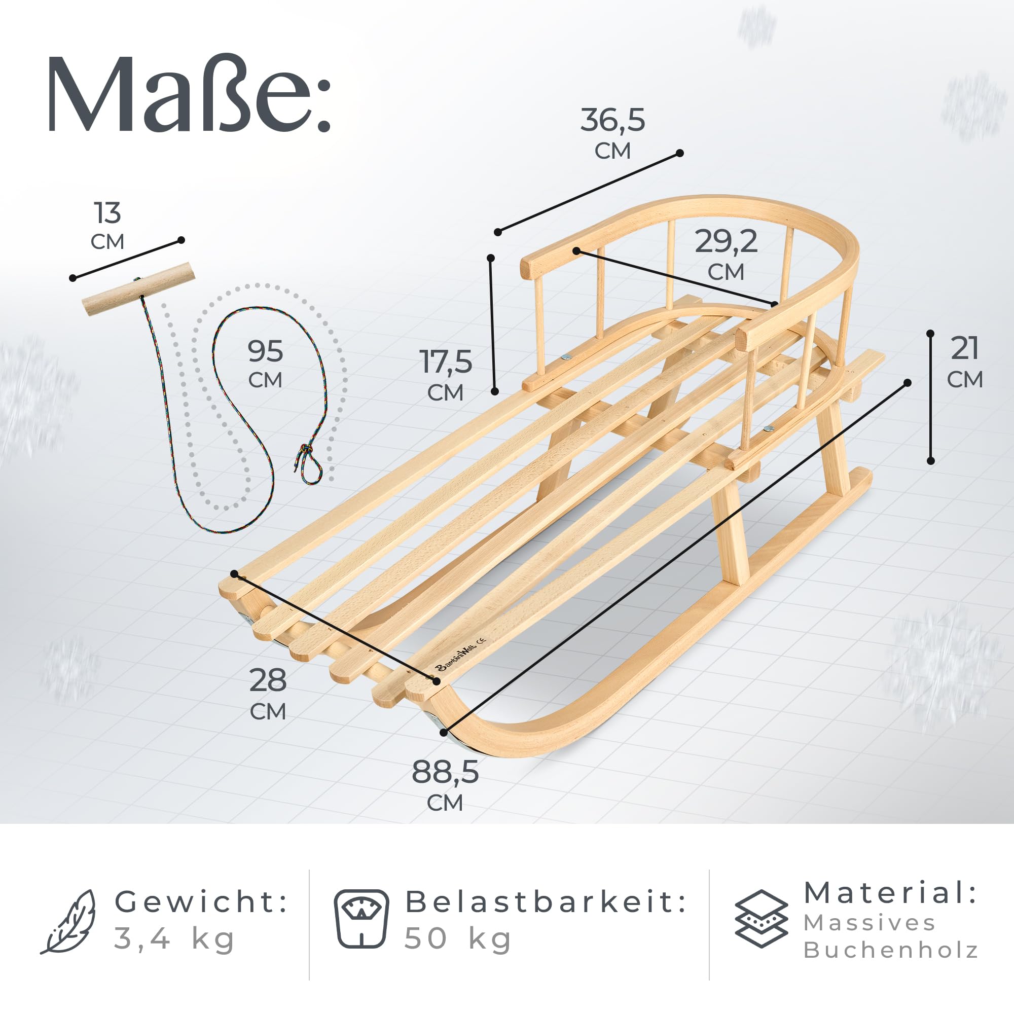 Trineo de madera con respaldo y cuerda de tracción + saco universal de invierno (90 cm), adecuado para portabebés, cochecito, cochecito de bebé, lana UNI (naranja)