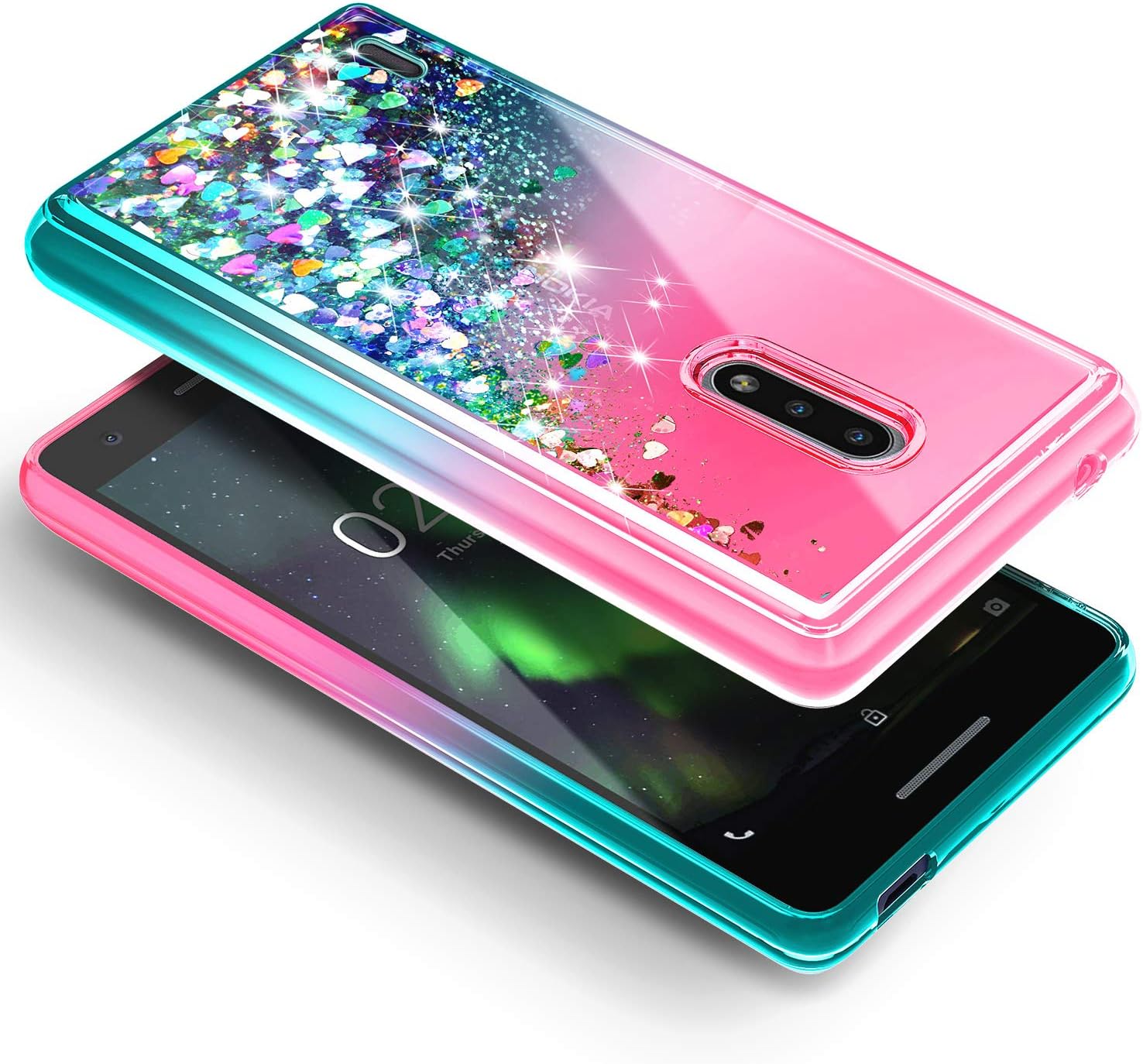 NZND Case for Nokia C2 Tava/Nokia C2 Tennen (Cricket Wireless) with Tempered Glass Screen Protector (Full Coverage), Glitter Liquid Floating Waterfall Durable Girls Cute Phone Case Cover -Pink/Aqua