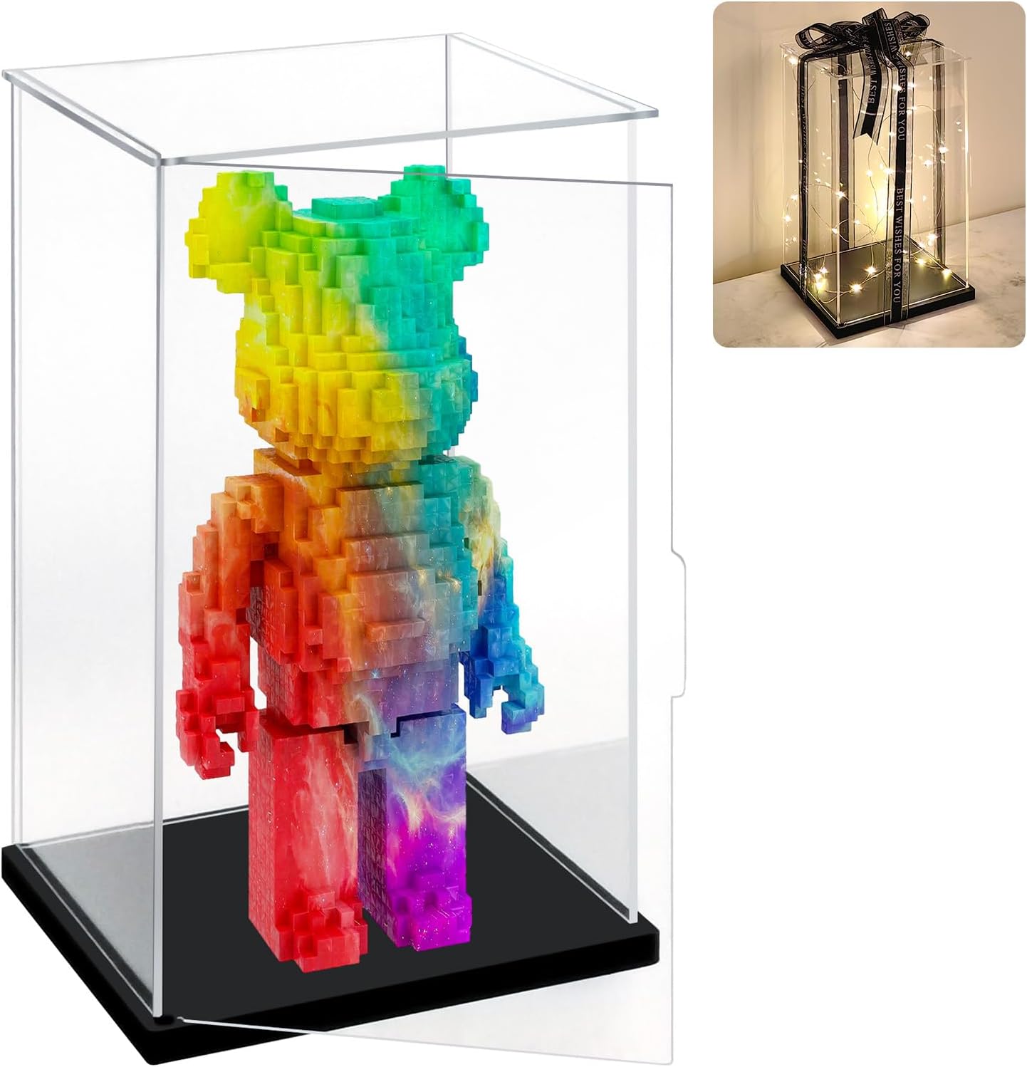 LANSCOERY Clear Acrylic Display Case with Ribbon, Assemble Vertical Display Box Stand with Thick Black Base, Dustproof Showcase for Collectibles Memorabilia Figurines (9.8x9.8x13.8inch; 25x25x35cm)