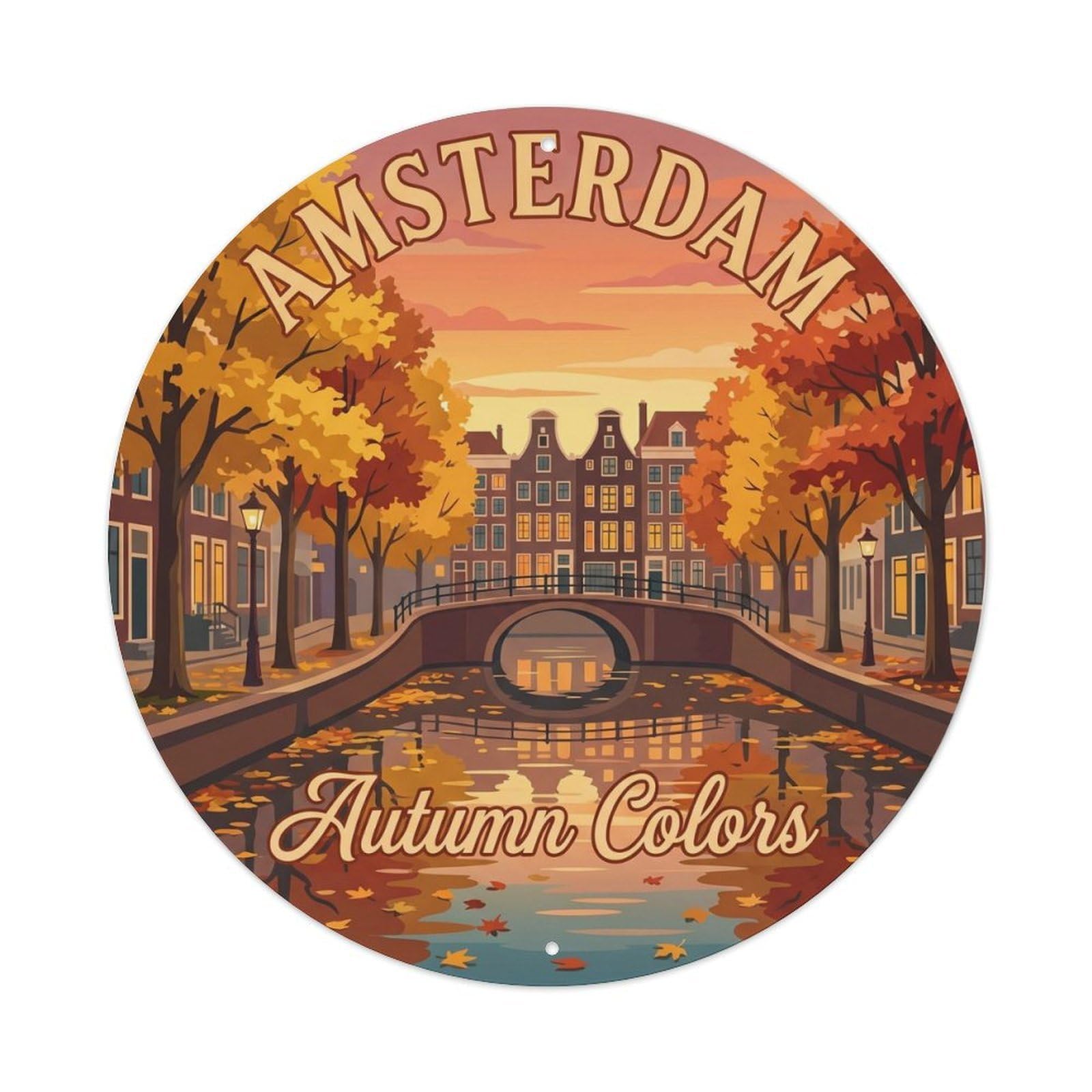 Amsterdam Canal Heritage Autumn Destination Scenic Landmark Metal Tin Sign Plaque Wall Decor for Cafe, Man Cave, Club Bar, Office, Home Garden Round Metal Poster 8x8Inch