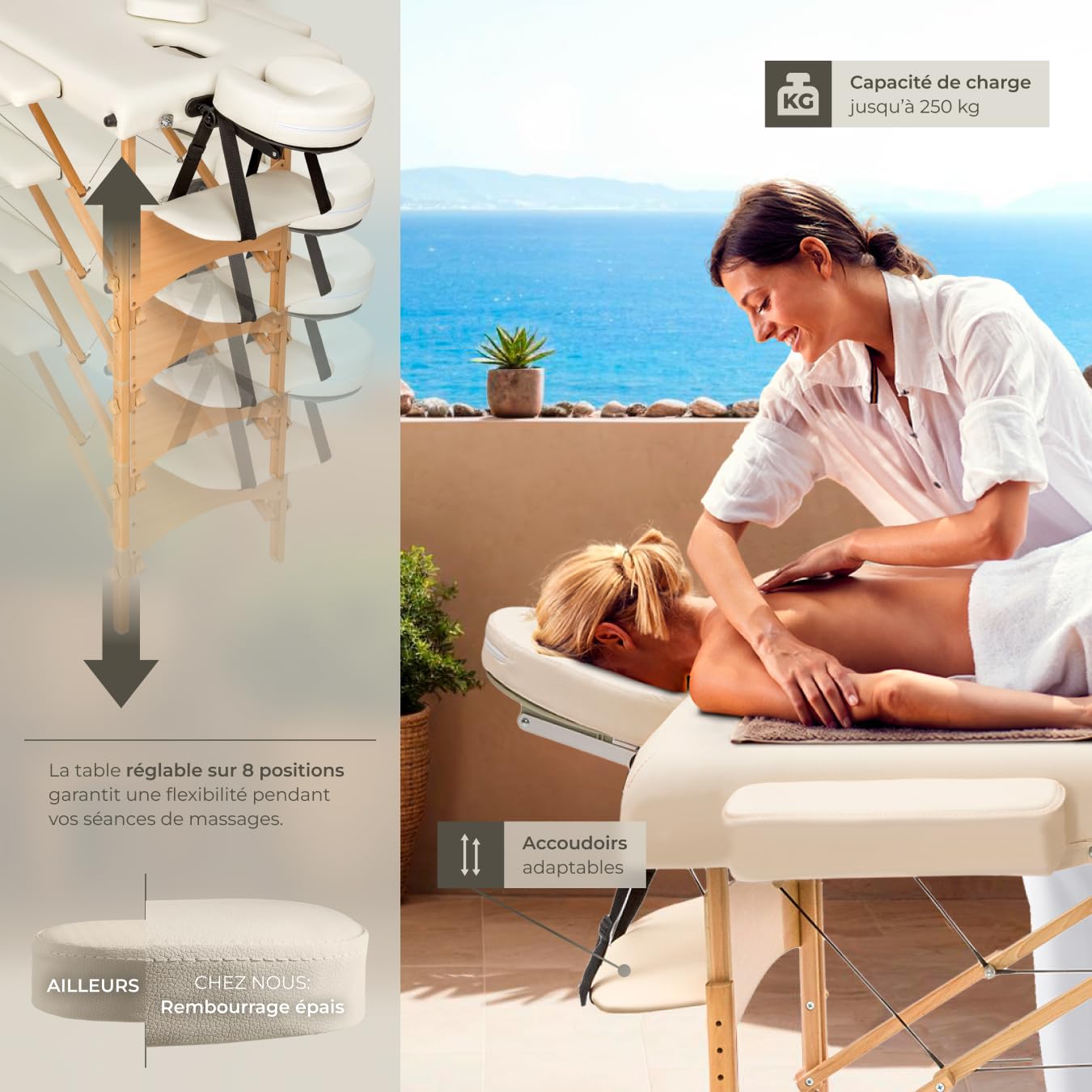 tectake® Table de Massage Pliante Professionnelle 3 Zones Massage et Relaxation Bois Table Esthetique Professionnel Cosmetique Lit de Massage Portable Repose Bras & Housse de Transport - Beige