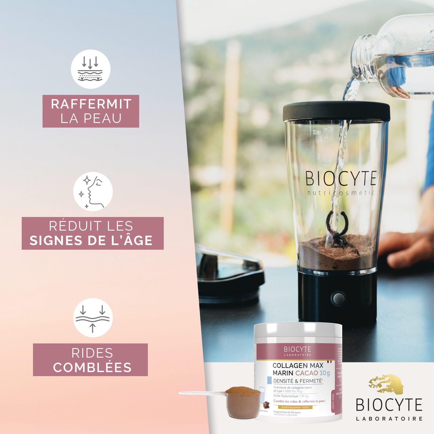 BIOCYTE Collagene Max Marin Goût Cacao - Comble Les Rides & Raffermit La Peau - Acide Hyaluronique, Efficacité Prouvée Du Collagene Marin Aquacol® - Programme 20 Jours