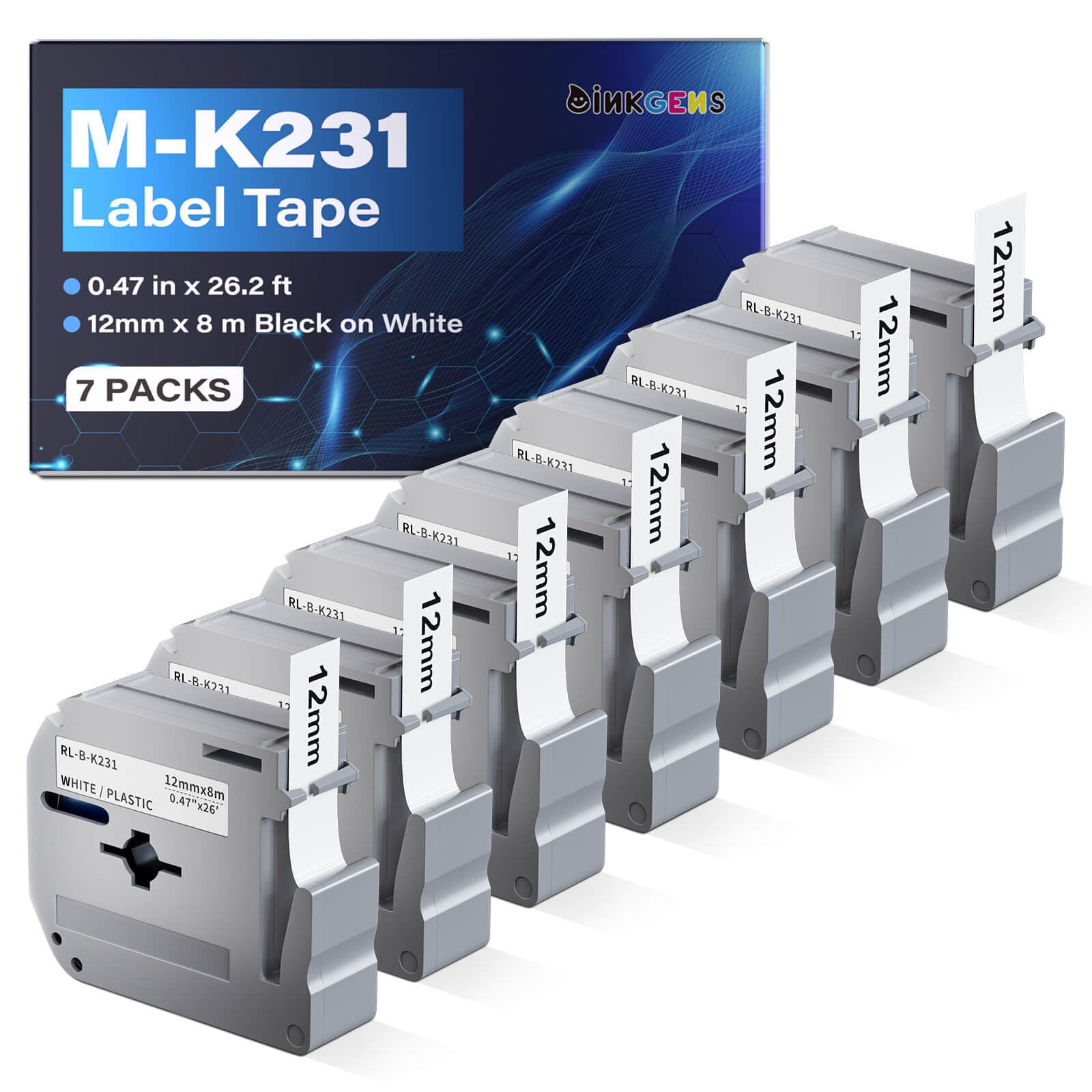 Photo 1 of inkgens M-K231 Label Tape 12mm Black on White (7 Pack)