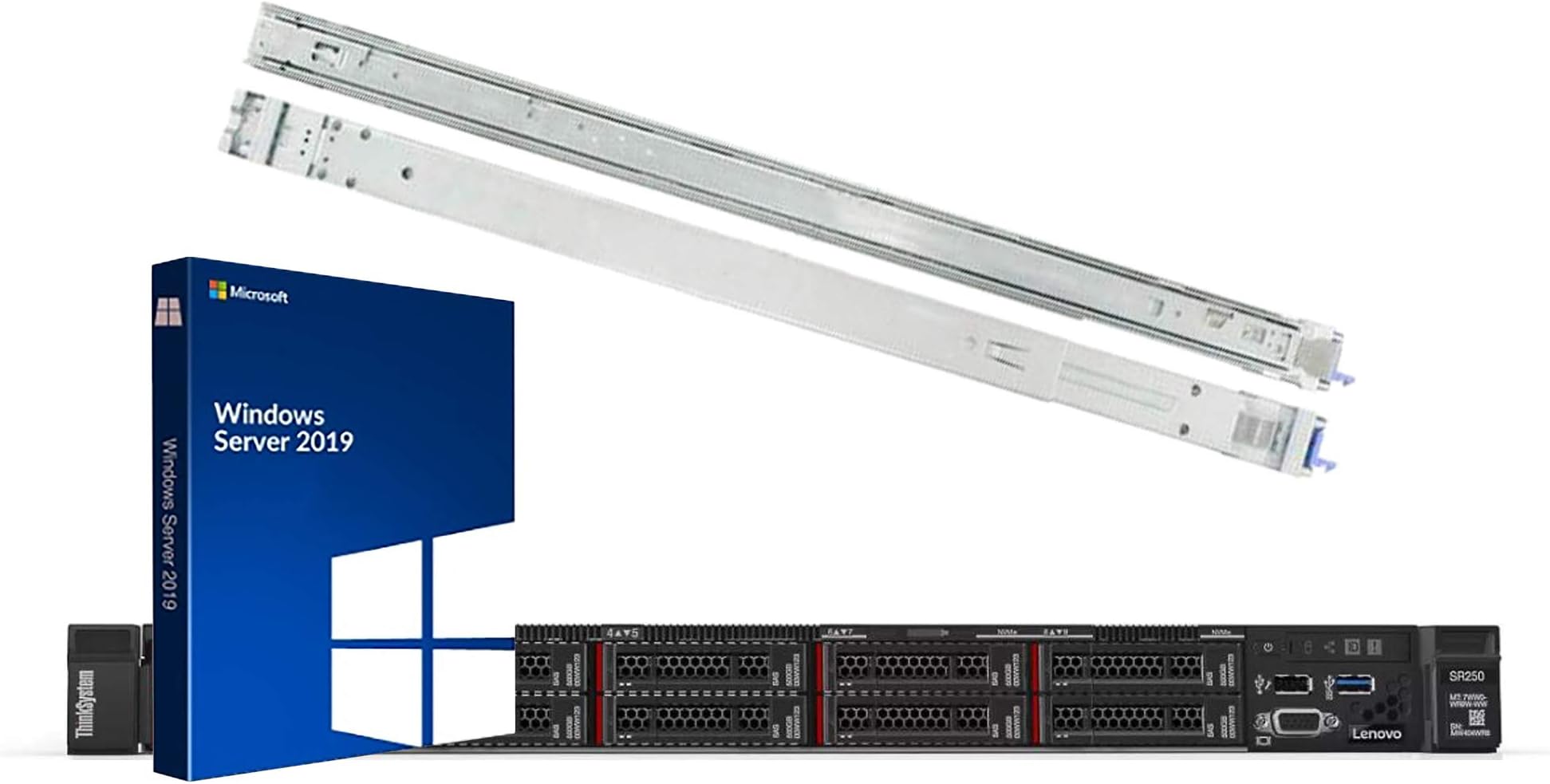 Lenovo ThinkSystem SR250 Rack Server Bundle with Rail Kit, Windows Server 2019, Intel Xeon E-2136 6-Core 3.3GHz, 16GB DDR4, 8TB HDD, RAID