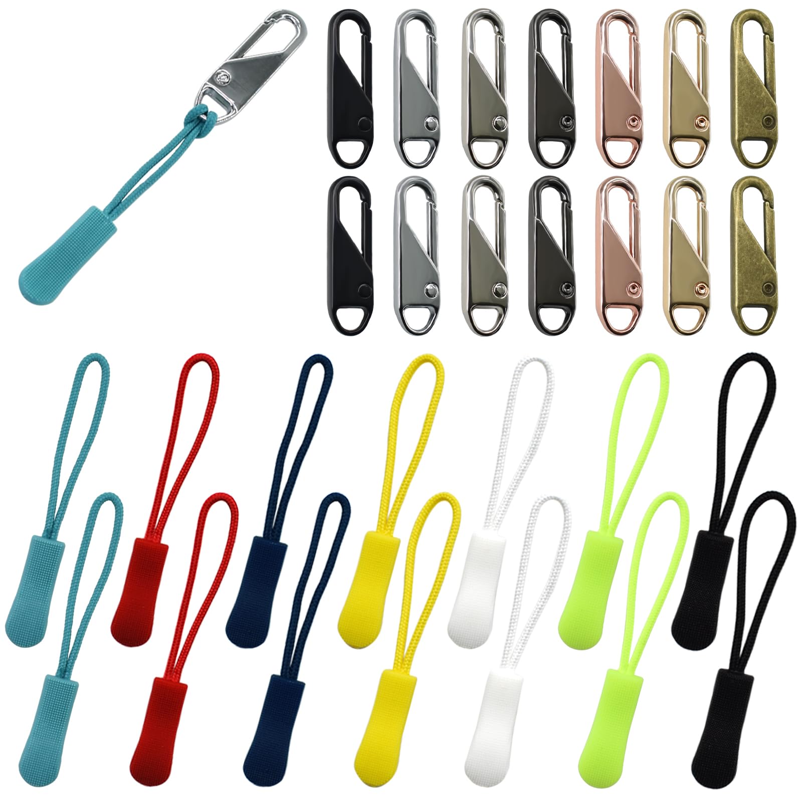 BDS-HOME 28 Piece Zipper Pull Replacement Kit - Detachable Zipper Cord Extension Fastener Metal Slider Replacement Fastener Nylon Rope for Luggage,