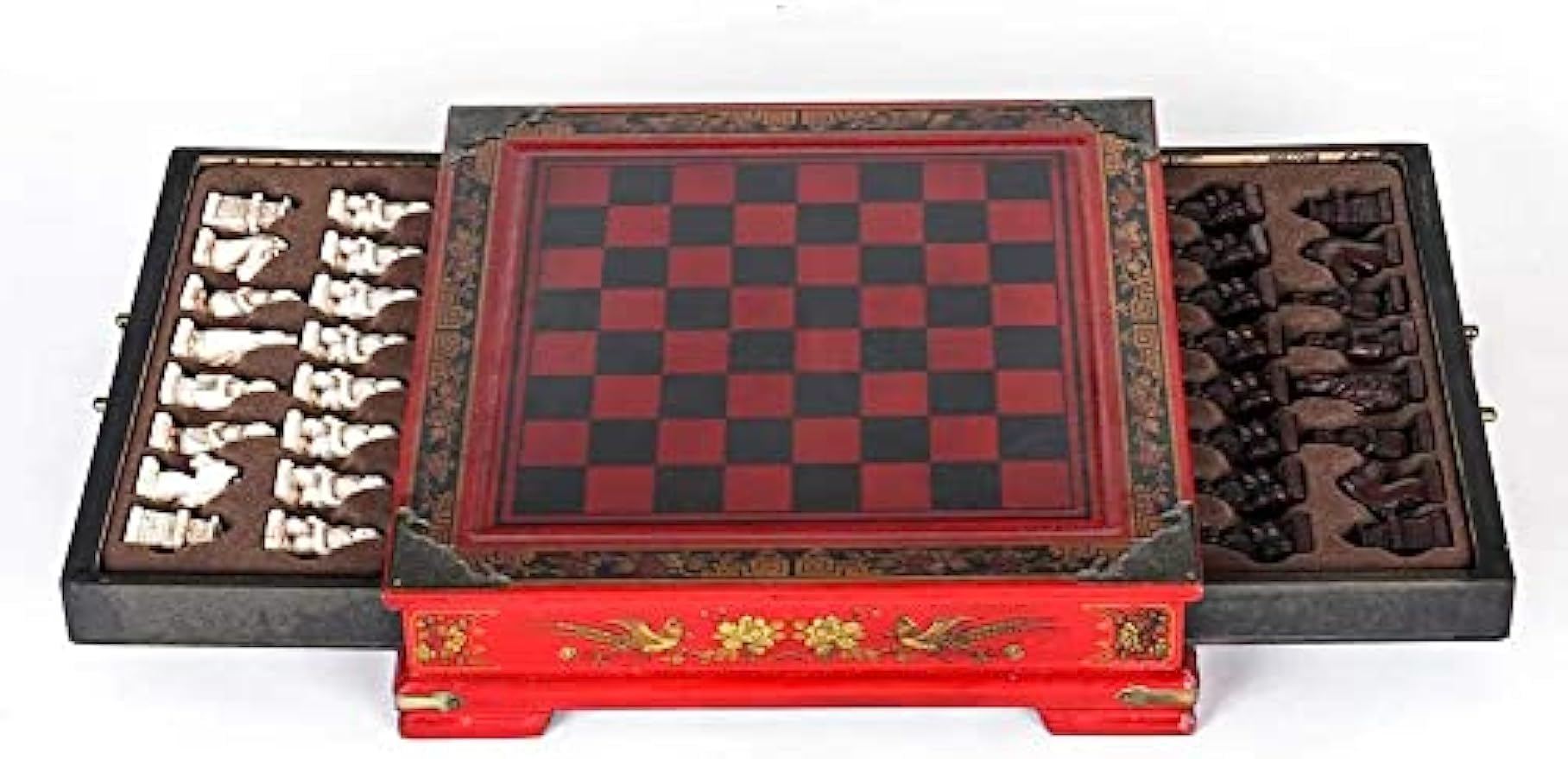 RAHBI Ensembles d'échiquiers, Personnages 3D en Terre Cuite Antique Jeu d'échecs en Bois pour Adultes, Jeu de Puzzle Nouveauté avec Design de Rangement à Tiroir