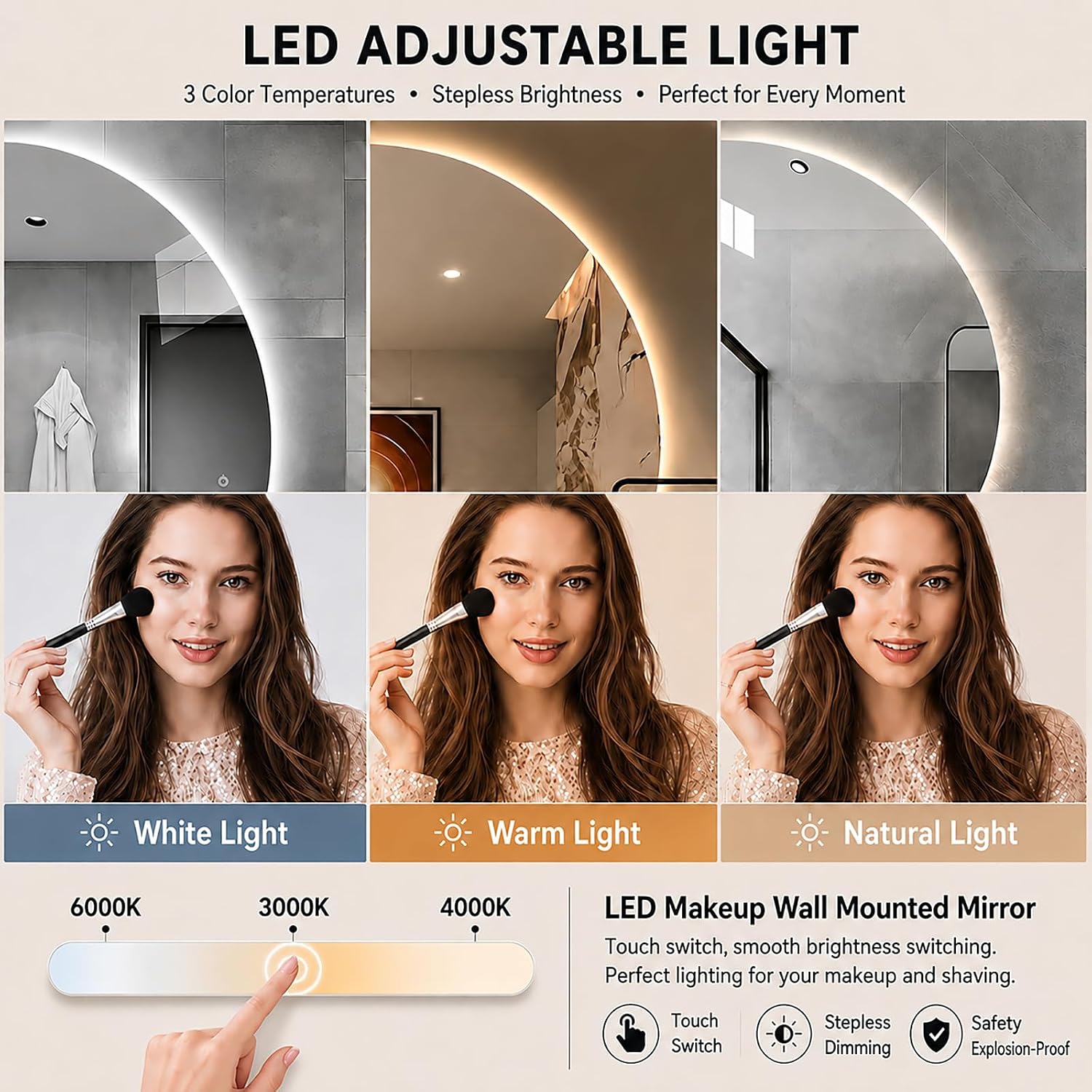 Half Moon LED Mirror Wall Mount Dimmable Bathroom Vanity Mirror