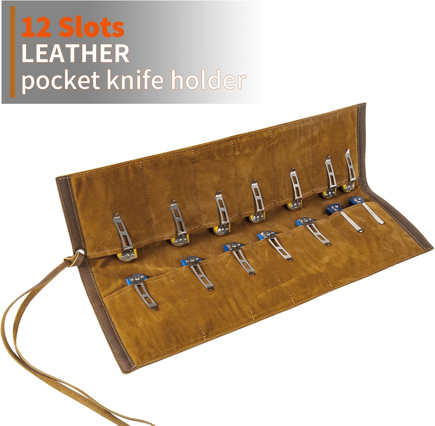 leather Knife Display Bag with 12 Slots Pocket Knives,Folding Knife Holder Organizer,Tactical Outdoor for EDC Mini Knife Bags, leather knife roll Collection Protector Bag