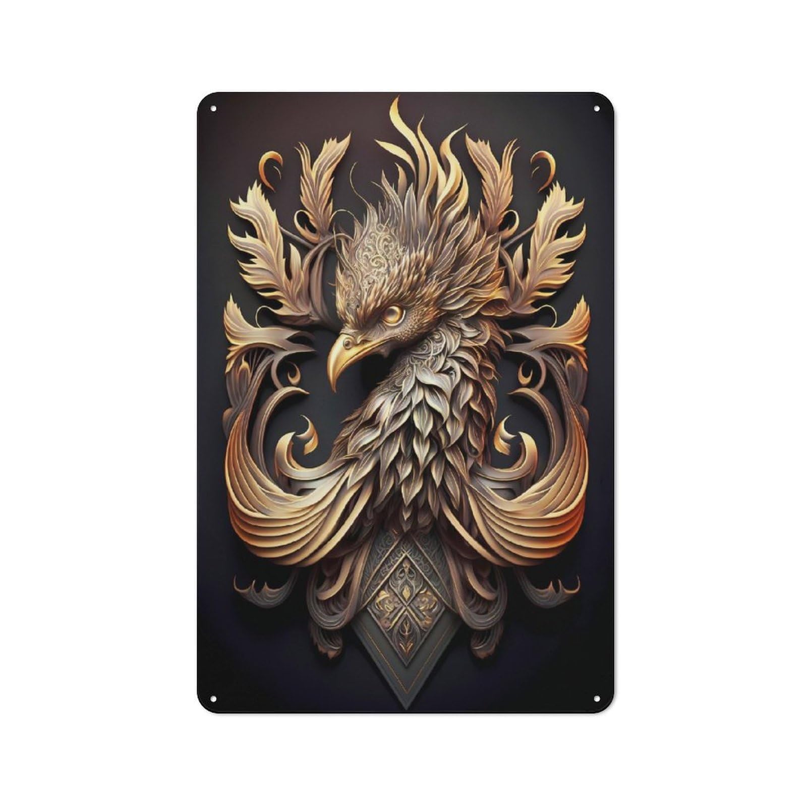 Junmoney Style-24 Tin Wall Plaque 30X20cm With Flame Golden Phoenix For Pub Or Café, For Hospitality Wall Decor Collectors