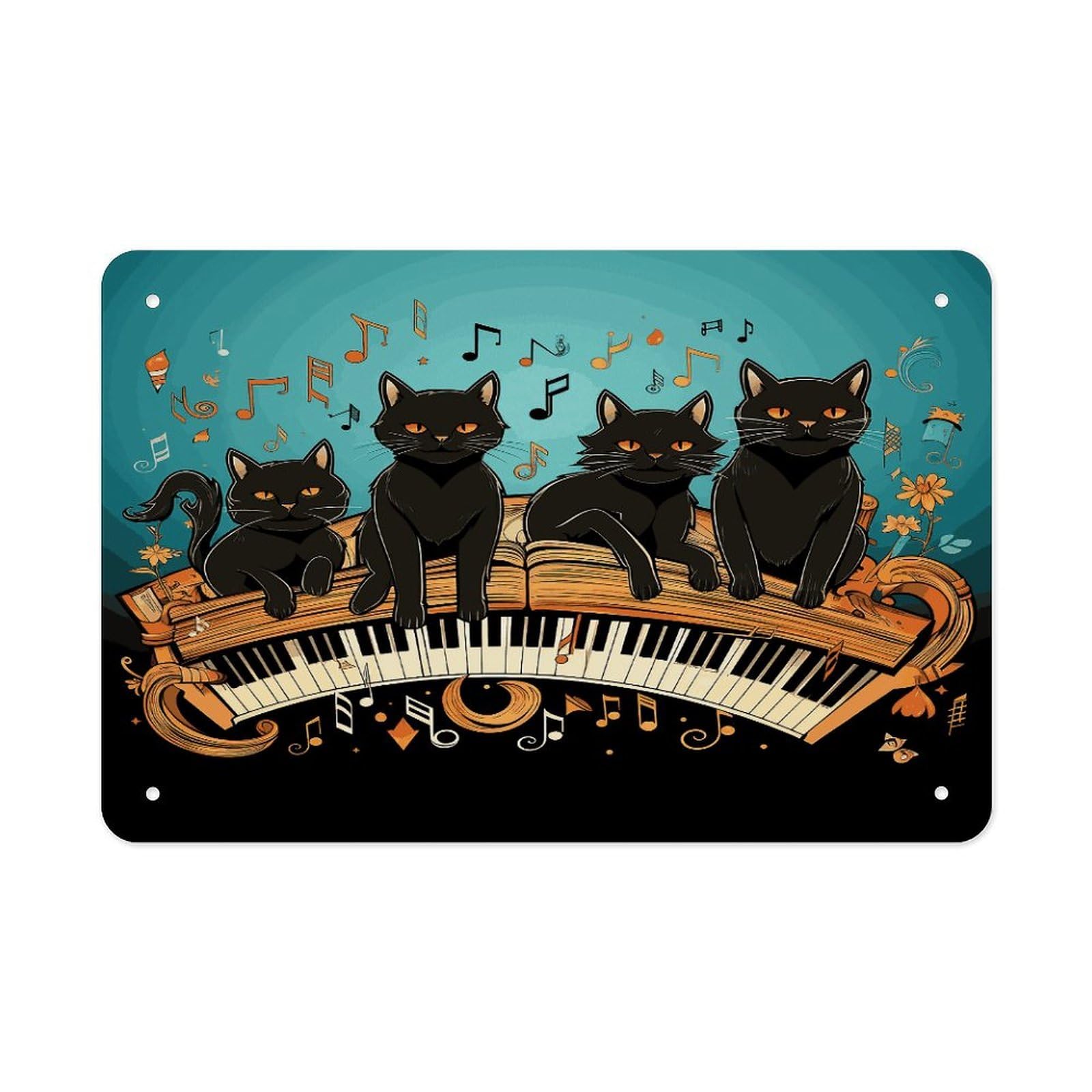 Fekiloot Style Four Black Cats Lying On The Piano Keyboard Metal Signs Wall Art Tin Sign