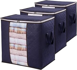 Lifewit 3 Packs Sac de Rangement pour Vêtements de Grande Capacité avec Poignée Renforcée Tissu Amélioré pour Couettes, avec Fermeture Éclair Solide, Fenêtre Transparente, Bleu
