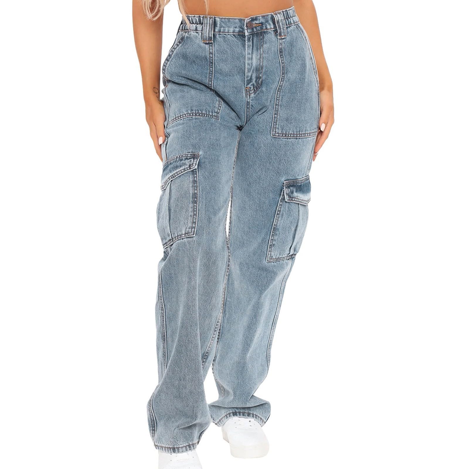 Jeans da donna Straight Leg – Jeans da donna a vita alta, pantaloni in denim, Baggy Y2K Multi tasche, pantaloni cargo da donna 2025, per attività all'aria aperta, casual, da trekking, con bottoni