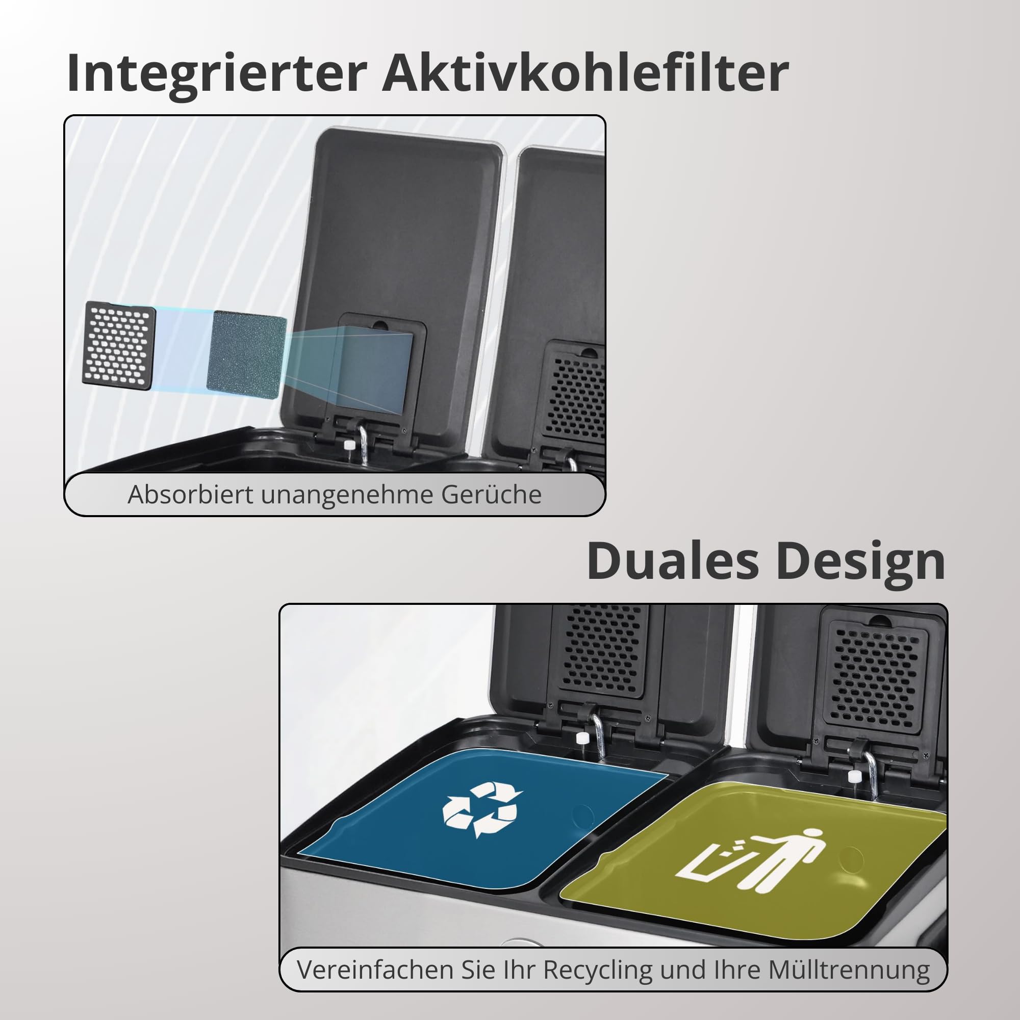 Mülleimer Küche, 2 x 30 L, 2 Fächer, Doppel-Mülleimer, Anti-Fingerabdruck-Edelstahl, mit Soft-Close-Deckel und Pedal, Enthält 20 Müllbeutel, Separate Fächer für Recycling und Müll