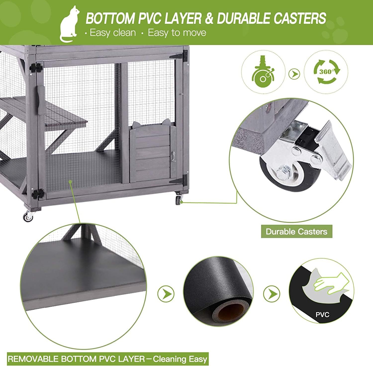 Seiyierr Gato jaula de madera interior al aire libre gato casa grande con ruedas en Run 70.9" gato jaula con barras de refuerzo y techo impermeable