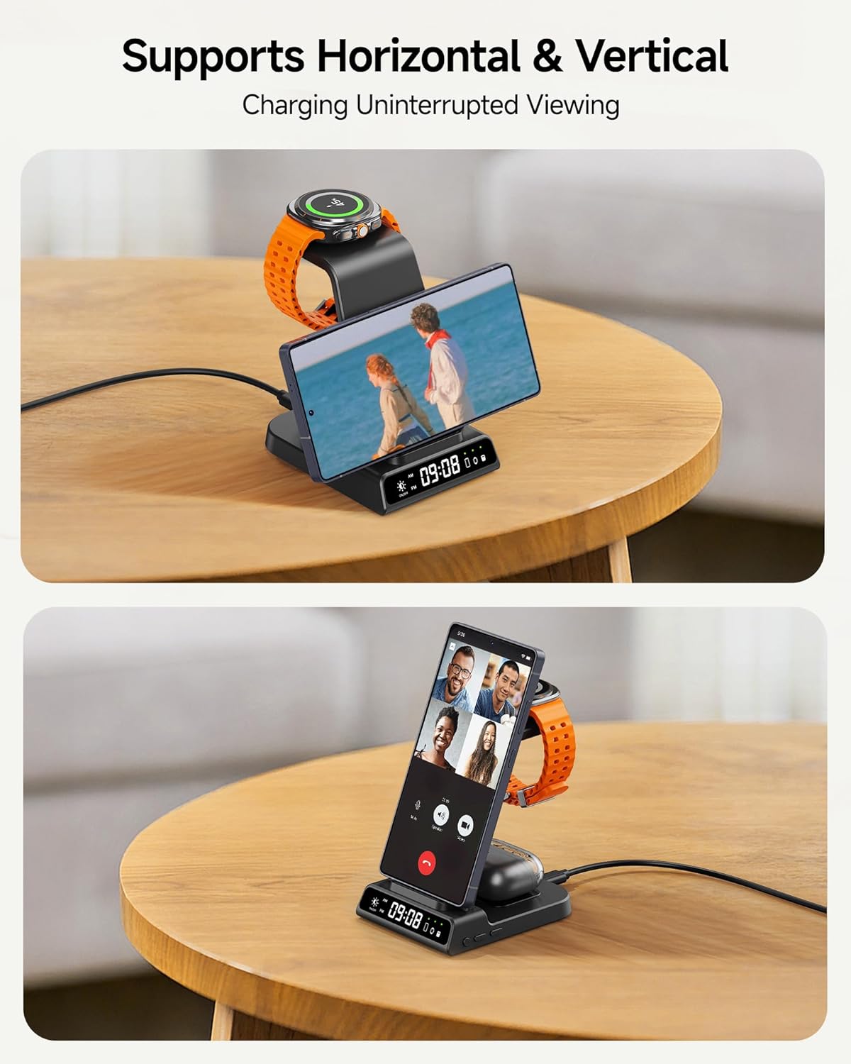 Two images showing a smartphone charging on the leQuiven station, one horizontally and one vertically, demonstrating flexible viewകോണുകൾ.