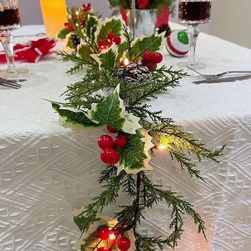 Miniatura 2 de CENMORISE Guirnalda de Navidad con 20 luces LED de 6 pies con pinos de acebo, guirnalda a pilas con temporizador, guirnalda de bayas rojas con luces