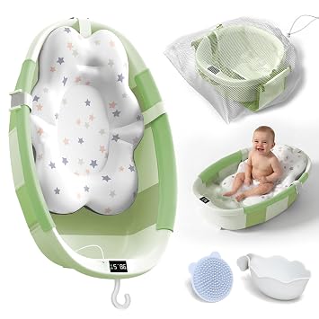 Collapsible Baby Bathtub - Large Baby Bath Tub with Thermometer | Bath Essential Banera para Bebe Easy Fold Baby Tub | Travel Infant Newborn Toddler Bathtub for Baby Girl Boy 0 to 36 MonthsGreen