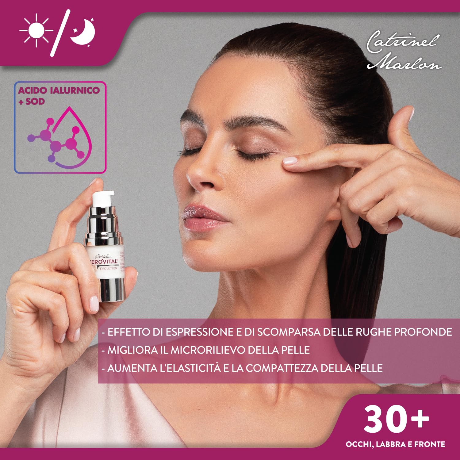 Siero Antirughe Contorno Occhi, Labbra e Fronte con Acido Ialuronico e Vitamina A ed E, Riduce le Rughe Profonde, Migliora l’Elasticità della Pelle, Gerovital H3 Evolution,15 ml